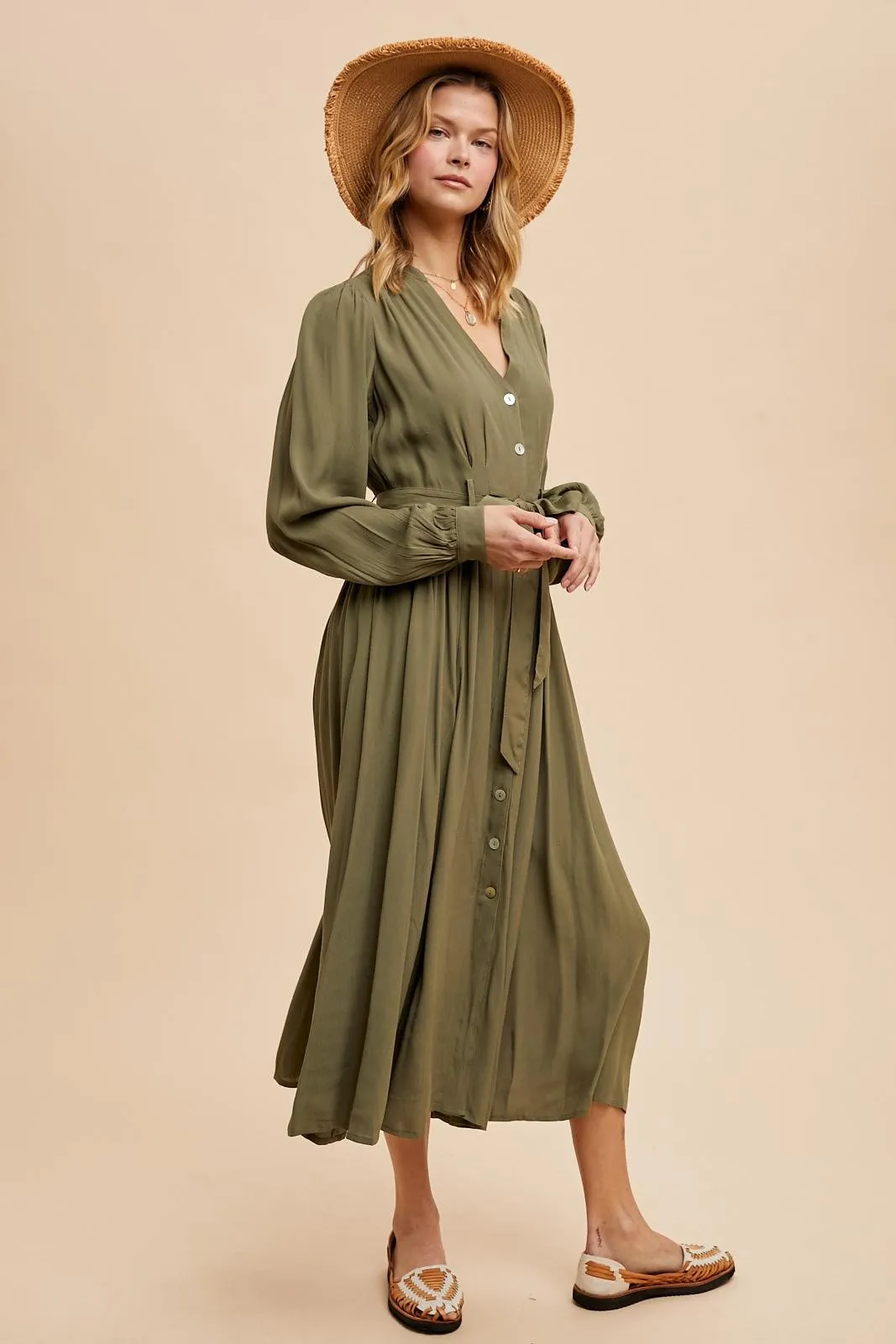 Olive Belted Long Sleeve Maxi Dress sold by Pinkblush product image thumbnail 3