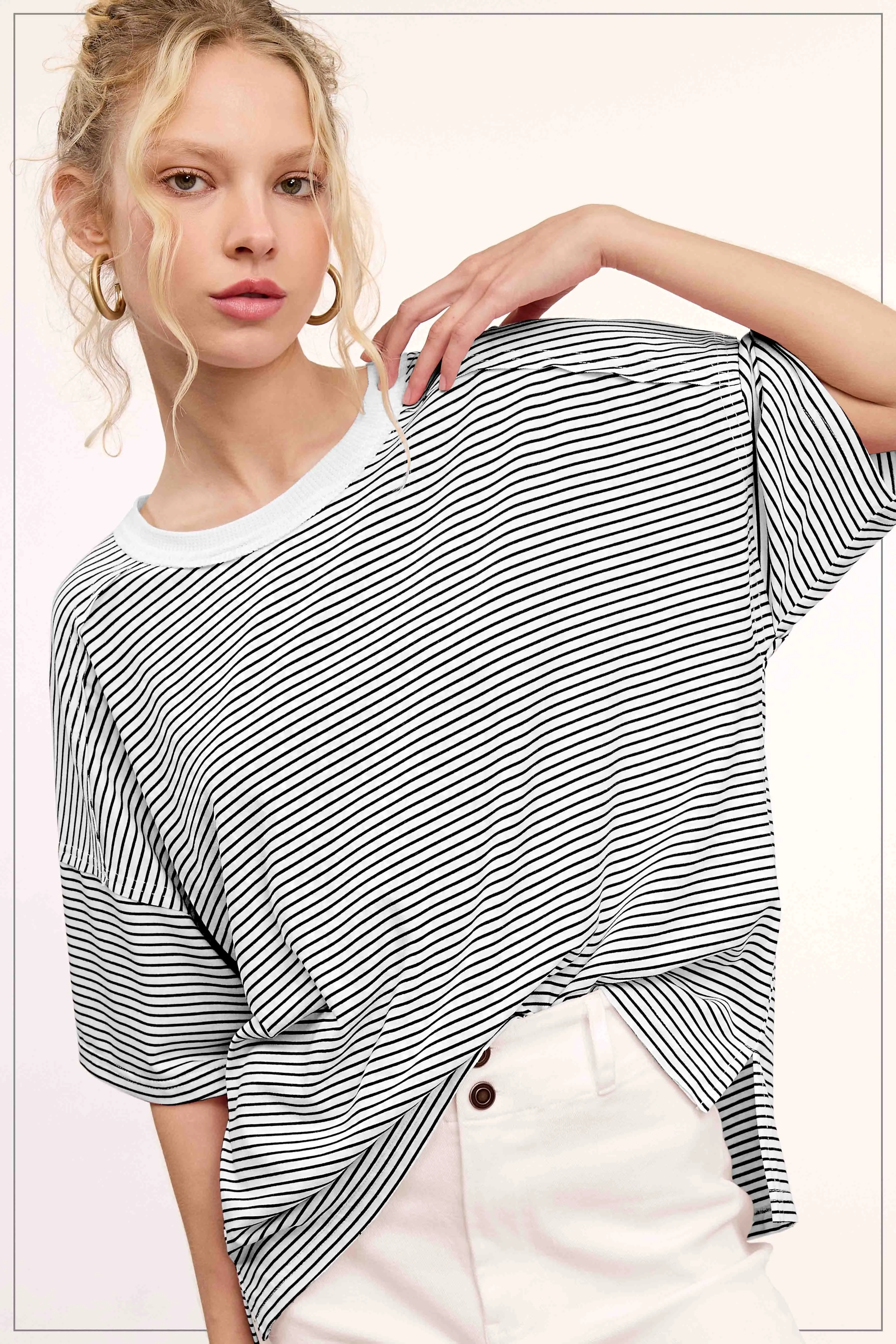 Black Striped Drop Shoulder Short Sleeve Top sold by Pinkblush