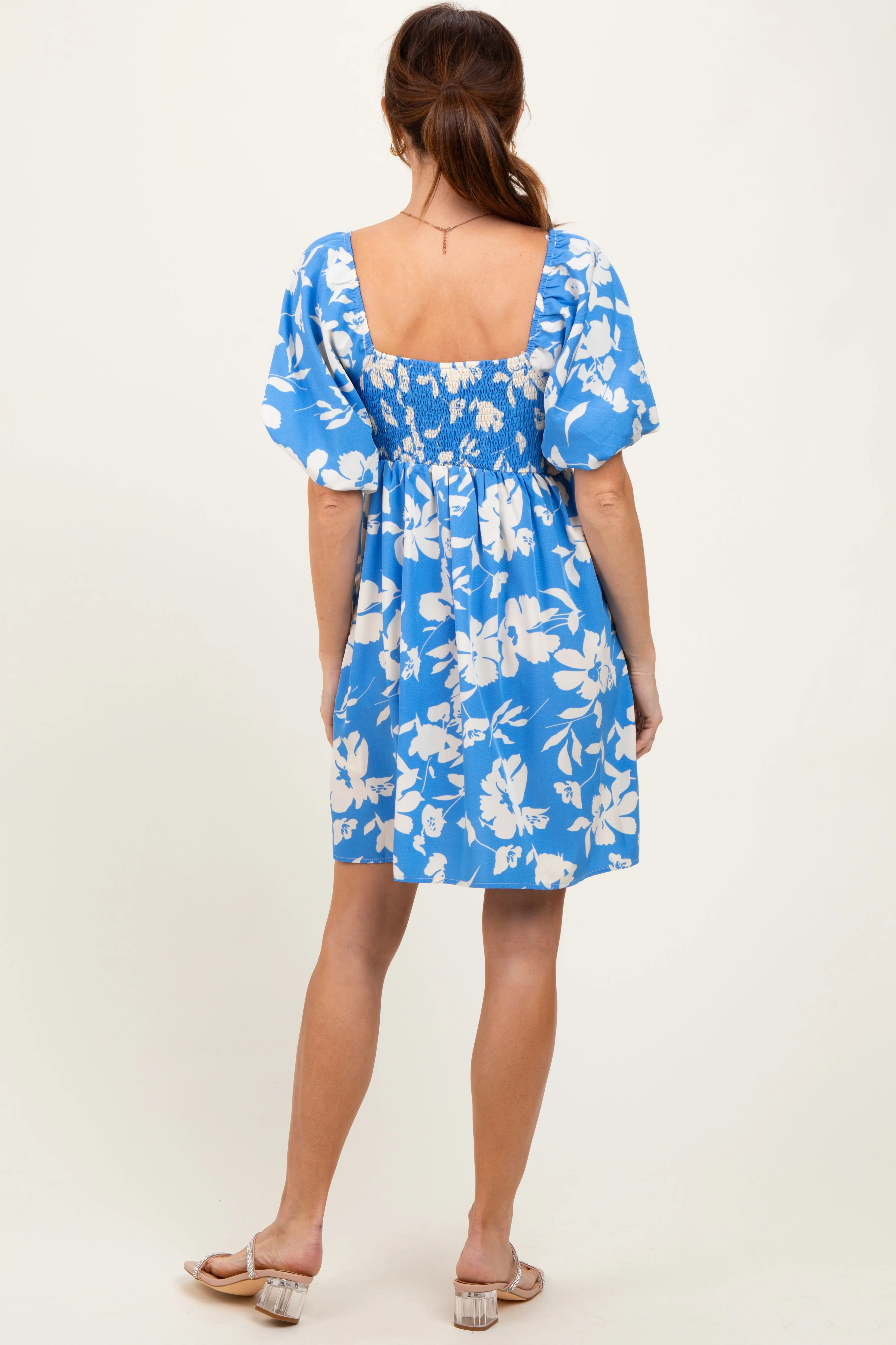 Blue Floral Puff Sleeve Mini Dress sold by Pinkblush product image thumbnail 4