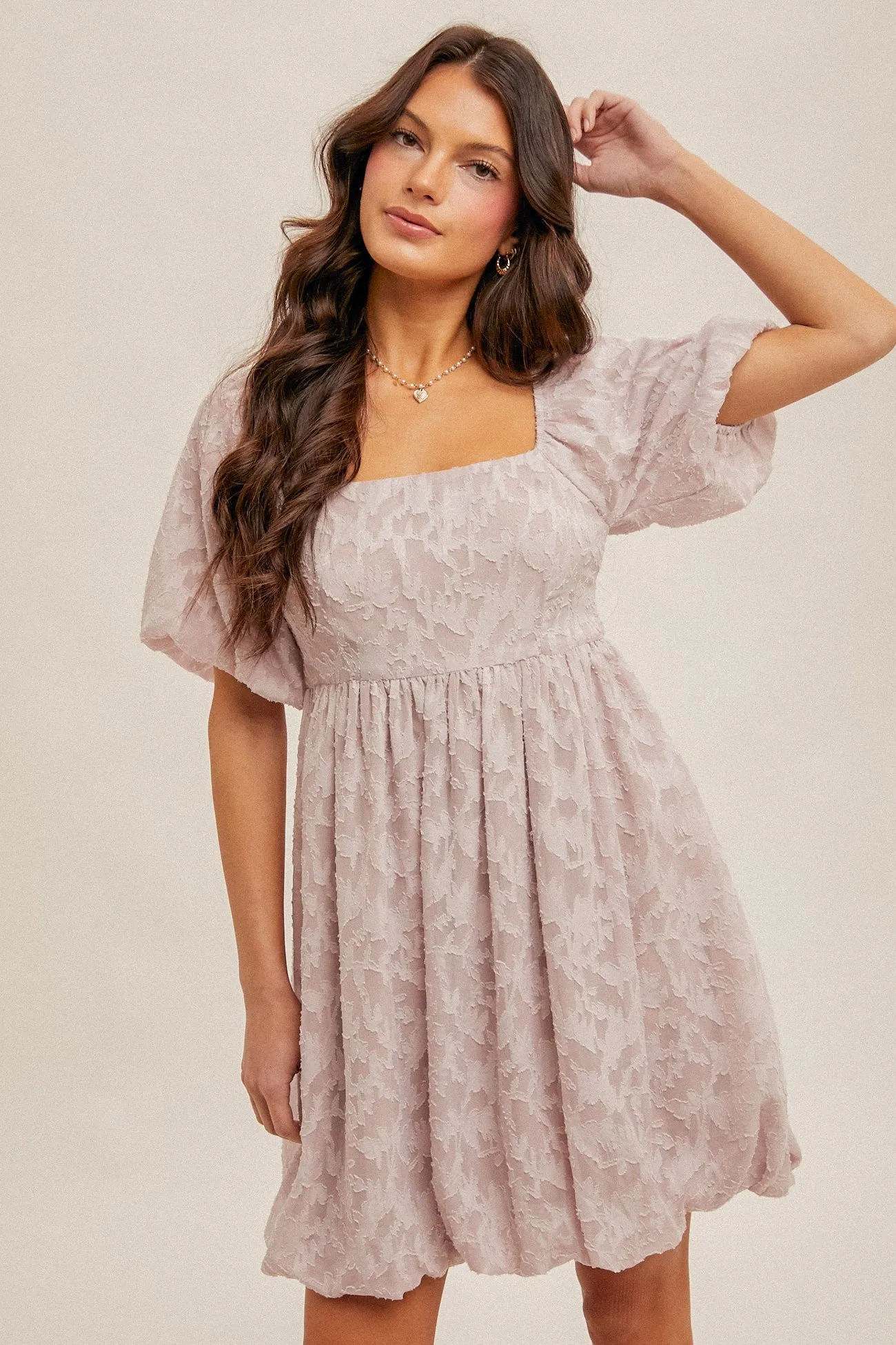 Lavender Chiffon Jacquard Print Square Neck Bubble Dress sold by Pinkblush