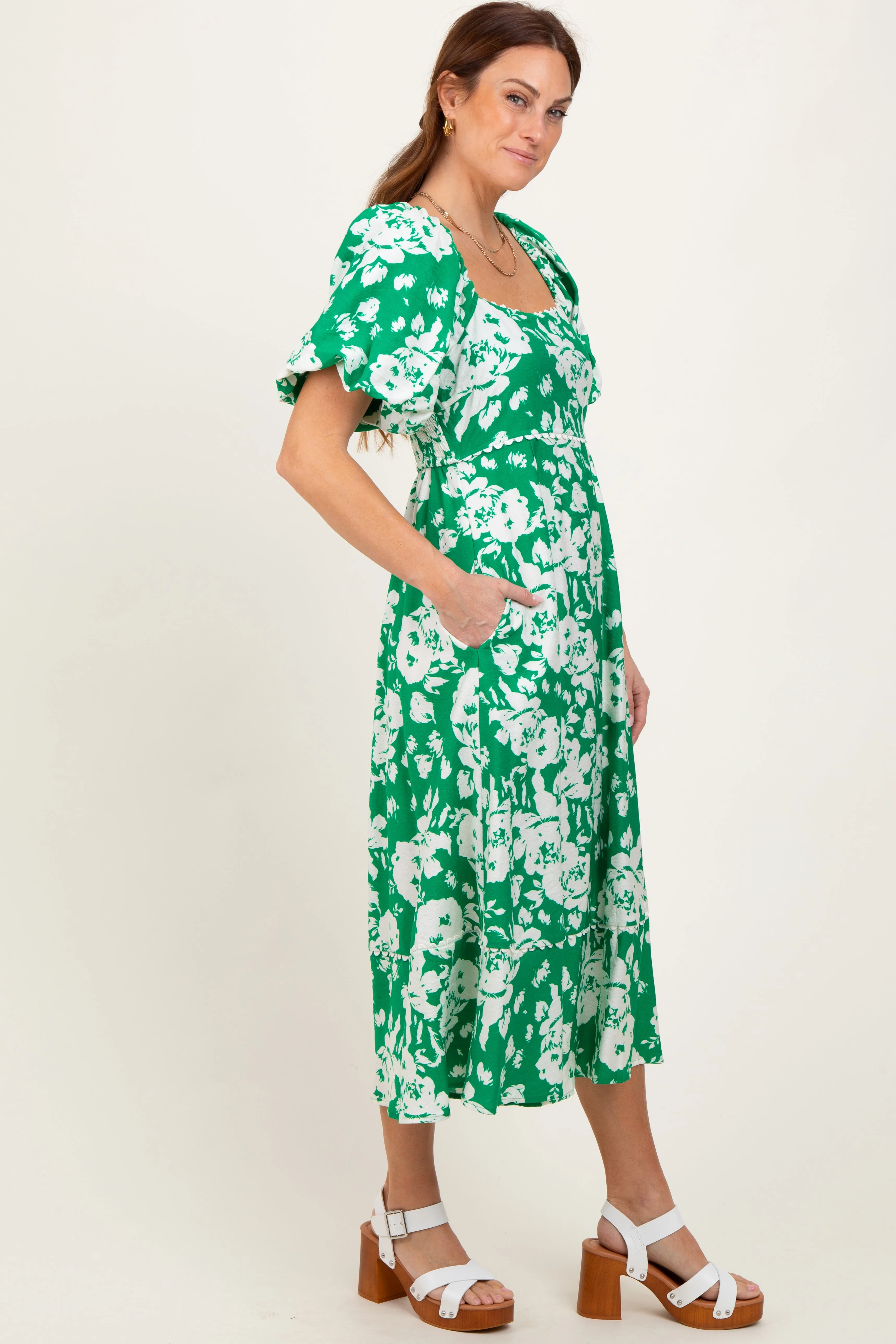 Green Floral Scallop Trim Puff Sleeve Midi Dress sold by Pinkblush product image thumbnail 3