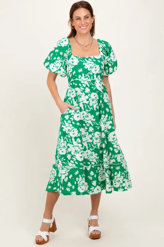Green Floral Scallop Trim Puff Sleeve Midi Dress sold by Pinkblush