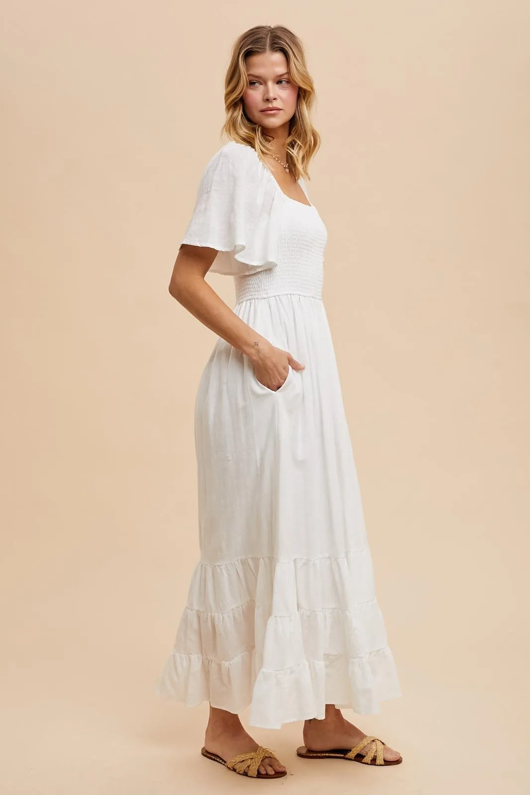 Ivory Smocked Cotton Flutter Sleeve Maxi Dress sold by Pinkblush product image thumbnail 3