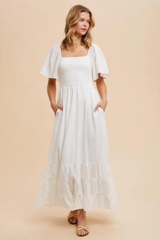 Ivory Smocked Cotton Flutter Sleeve Maxi Dress sold by Pinkblush