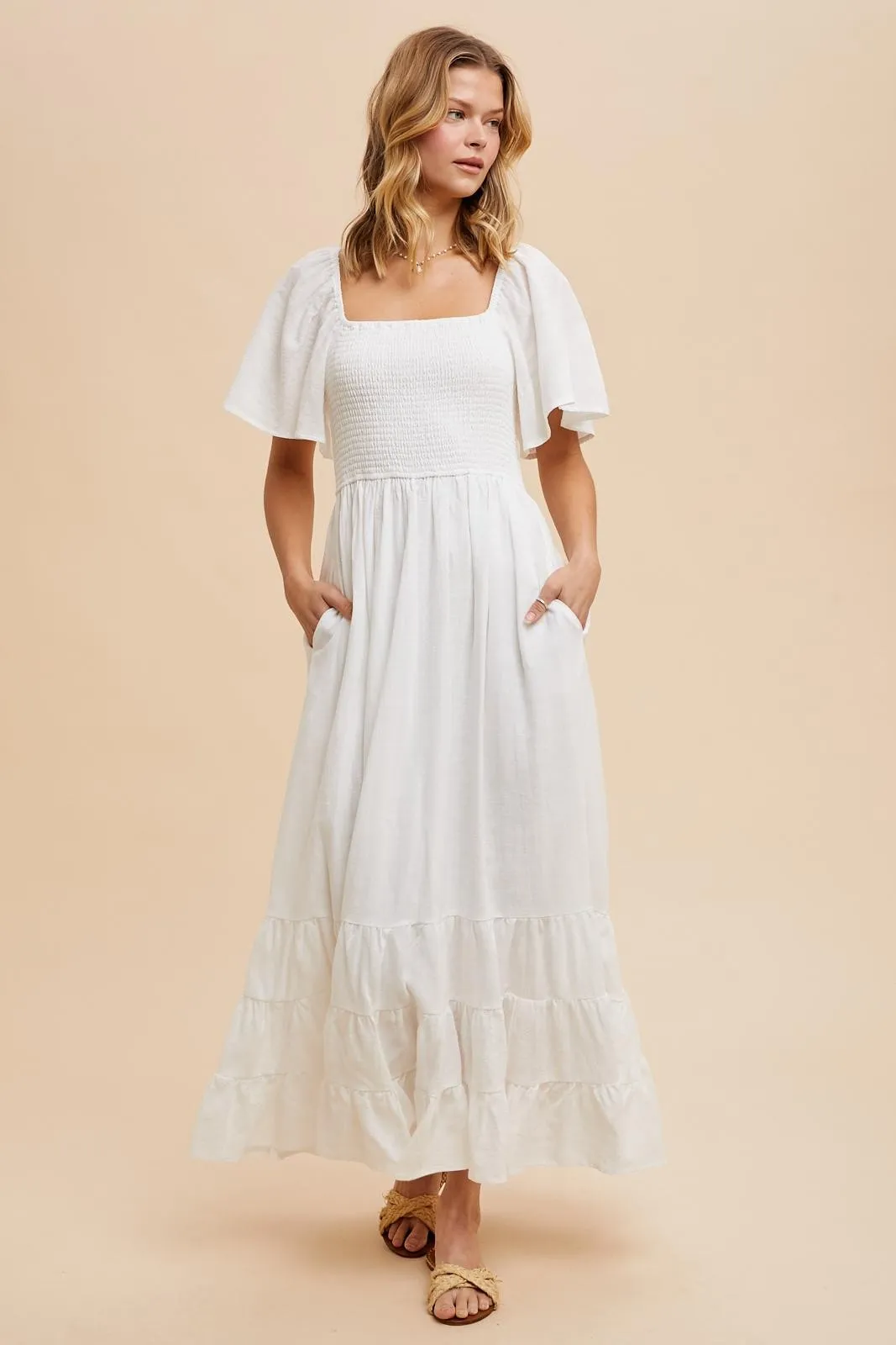 Ivory Smocked Cotton Flutter Sleeve Maxi Dress sold by Pinkblush