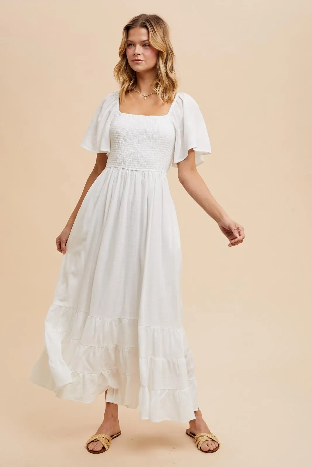Ivory Smocked Cotton Flutter Sleeve Maxi Dress sold by Pinkblush product image thumbnail 2