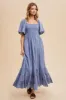 Blue Smocked Cotton Flutter Sleeve Maxi Dress sold by Pinkblush