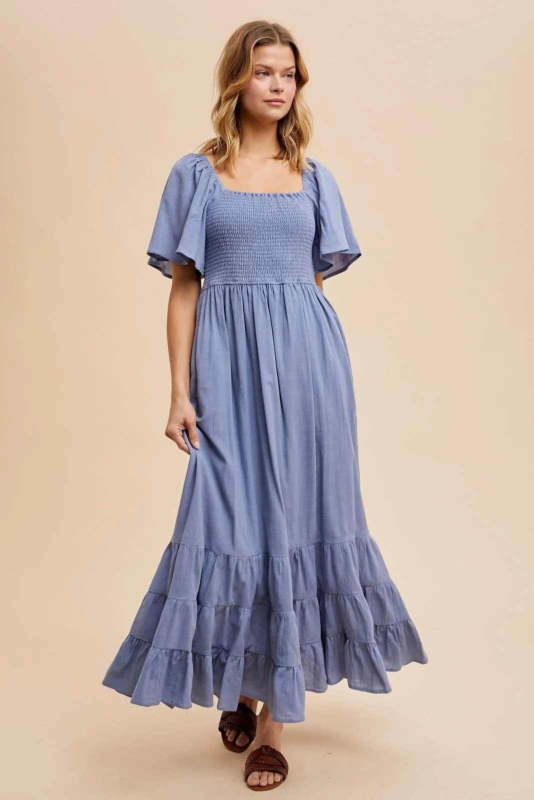 Blue Smocked Cotton Flutter Sleeve Maxi Dress sold by Pinkblush product image thumbnail 2