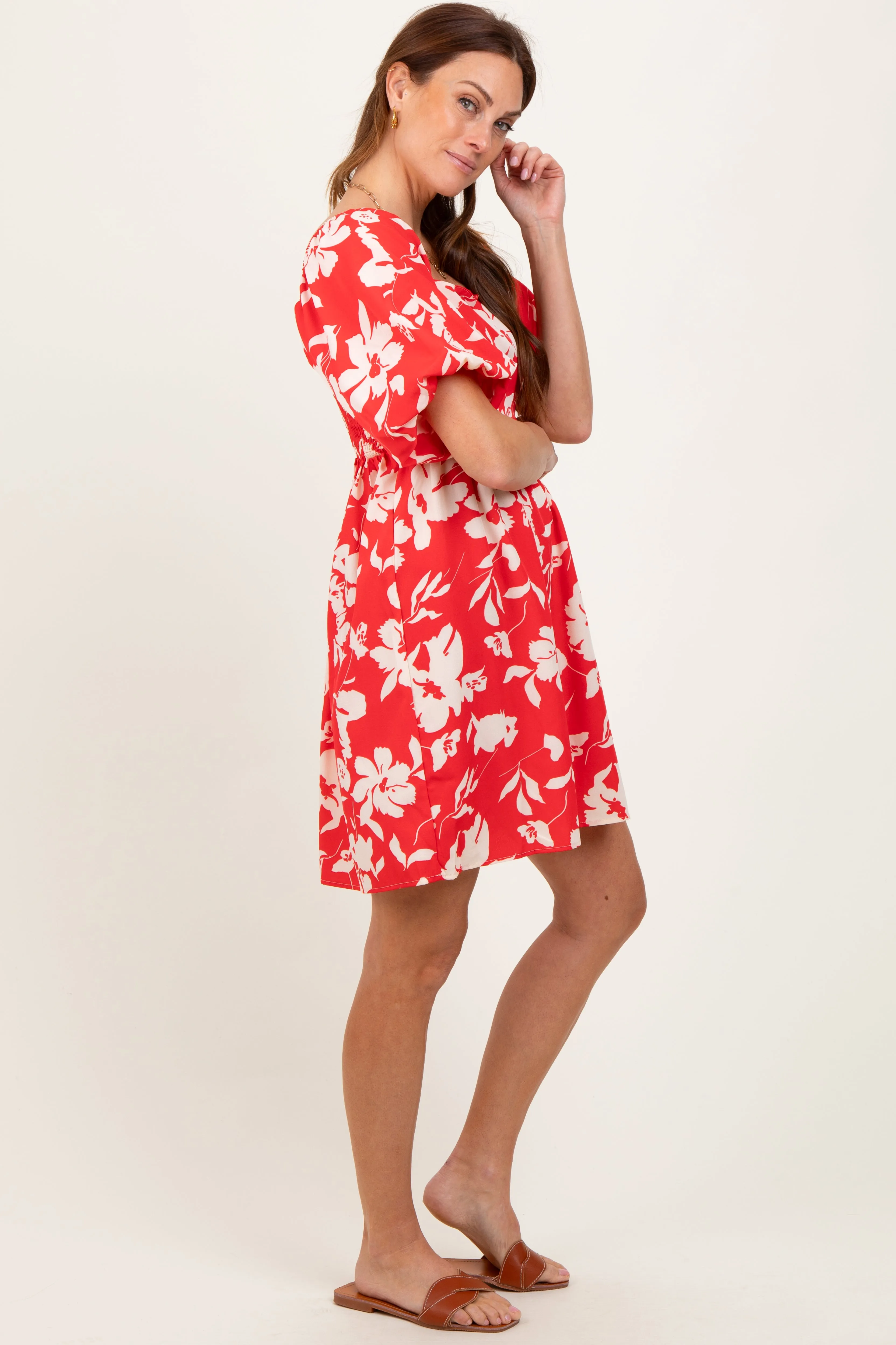 Red Floral Puff Sleeve Mini Dress sold by Pinkblush product image thumbnail 3