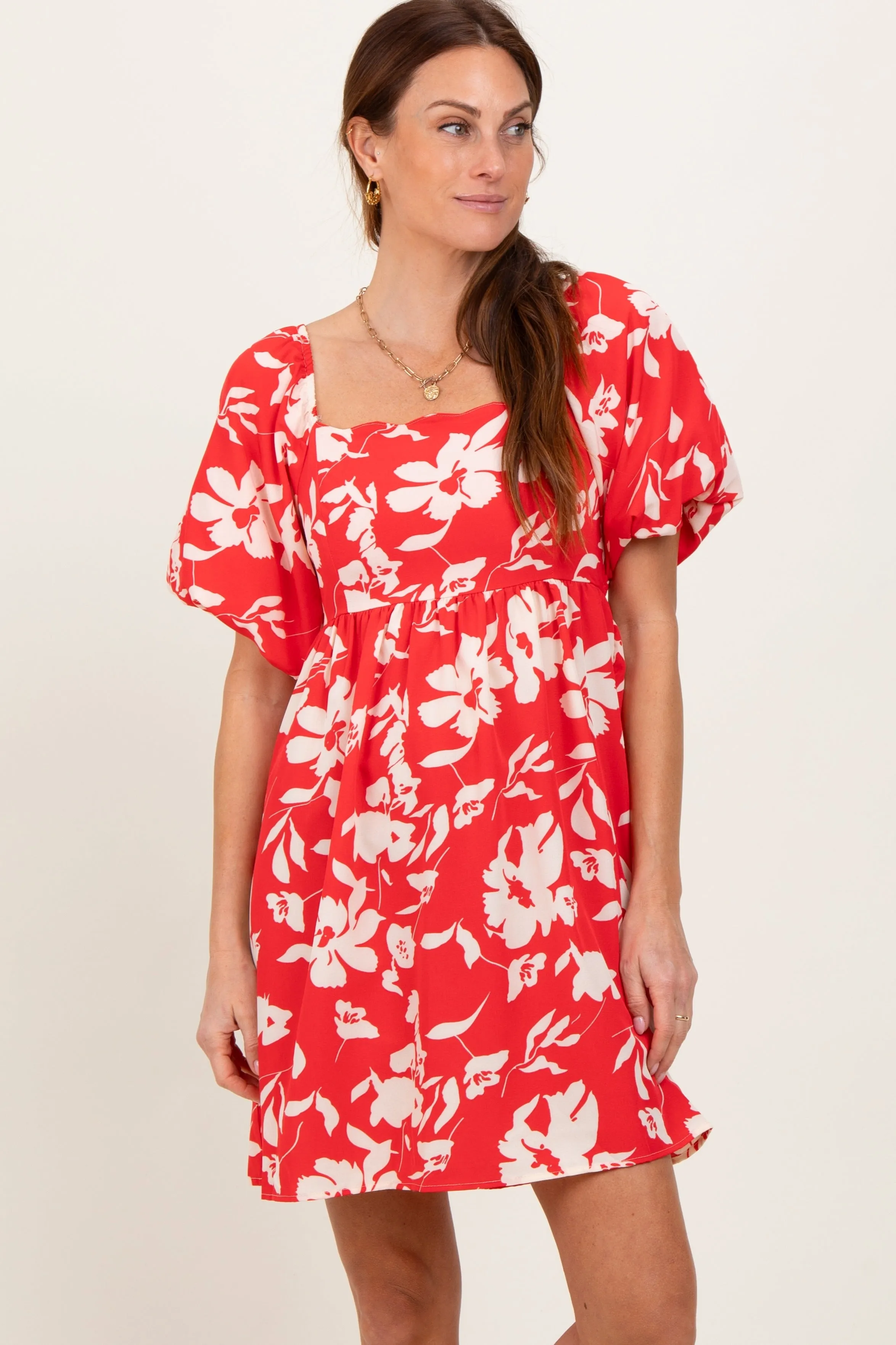 Red Floral Puff Sleeve Mini Dress sold by Pinkblush