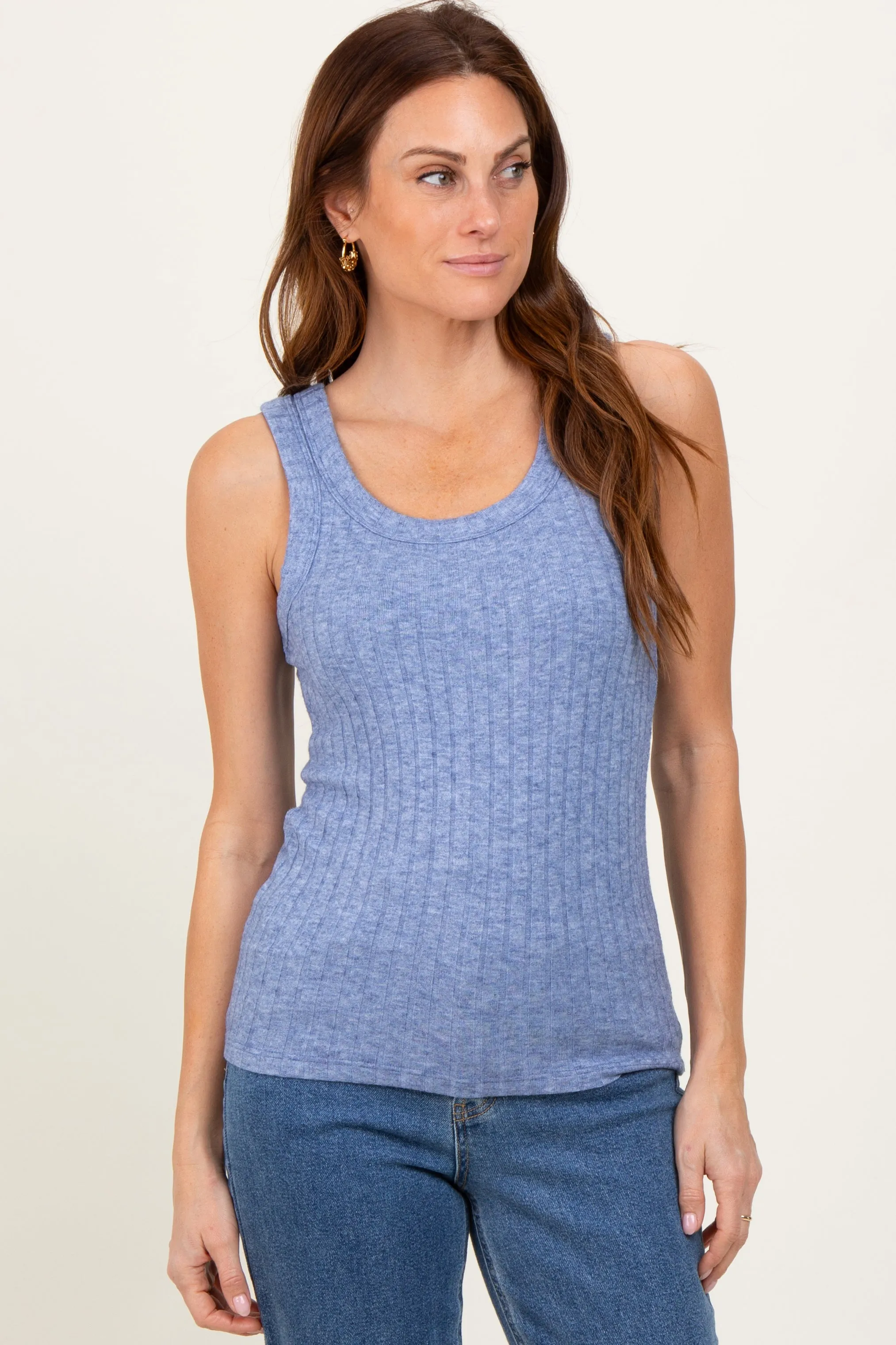 Blue Melange Ribbed Fitted Tank Top sold by Pinkblush