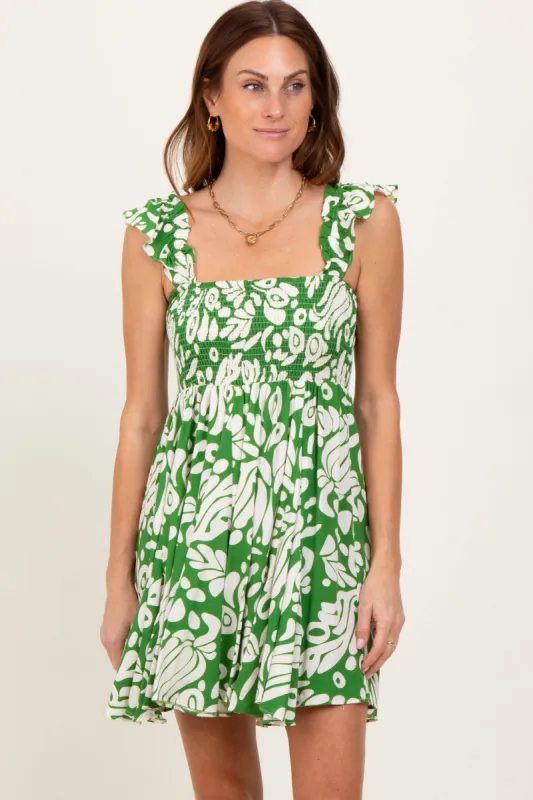 Green Printed Smocked Ruffle Strap Dress sold by Pinkblush