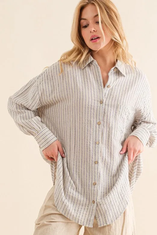 Blue Stripe Oversized Button Down Shirt sold by Pinkblush