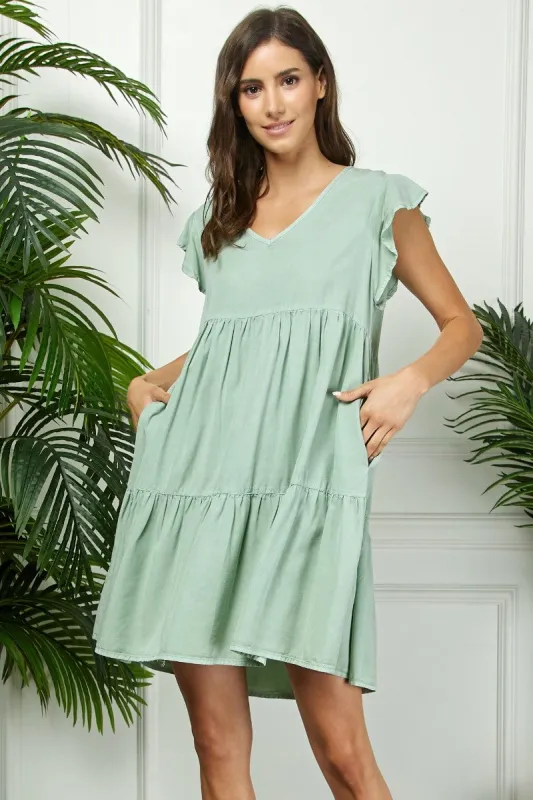 Light Olive Flutter Sleeve Tiered Dress sold by Pinkblush