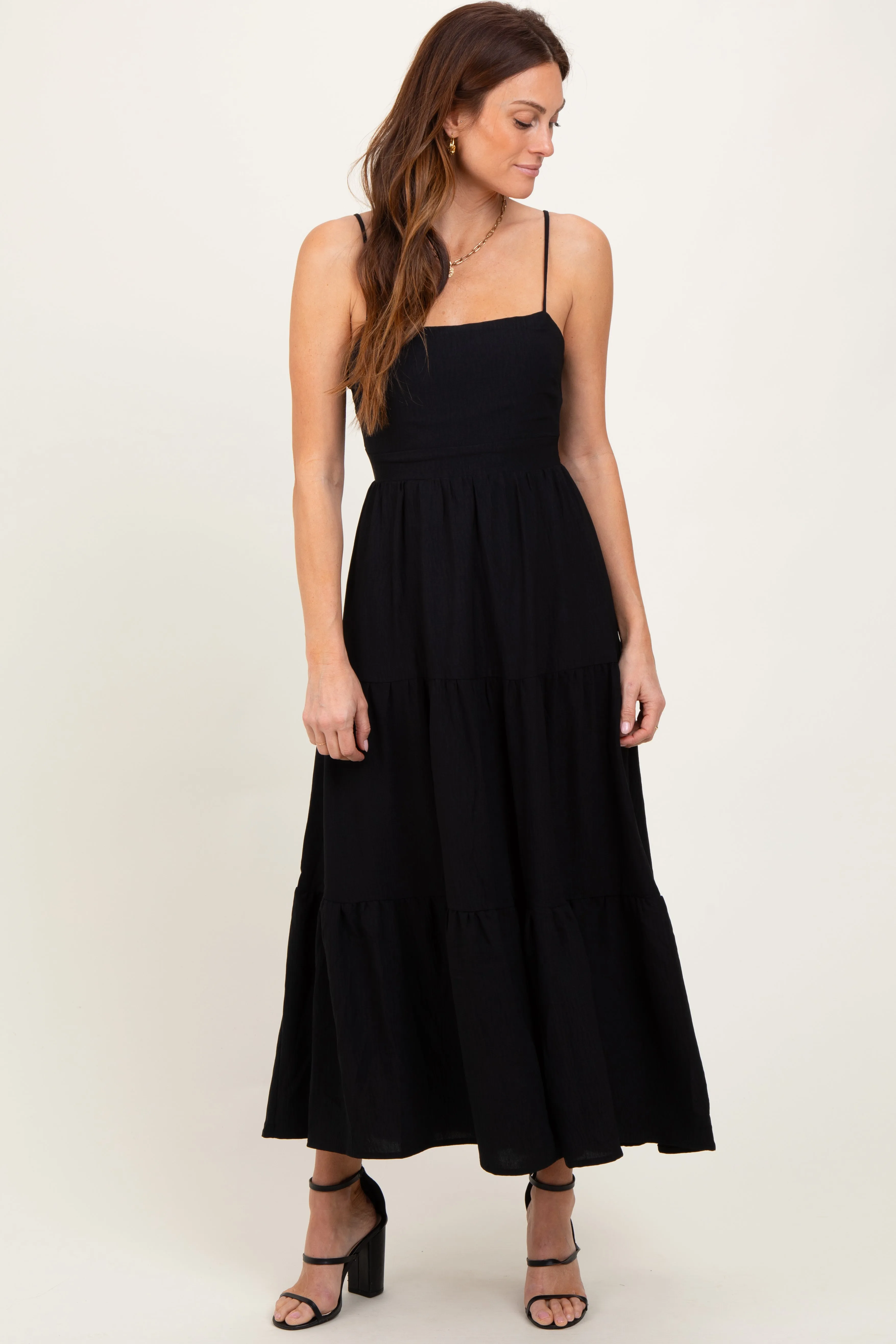 Black Tiered Cutout Tie Back Midi Dress sold by Pinkblush product image thumbnail 2