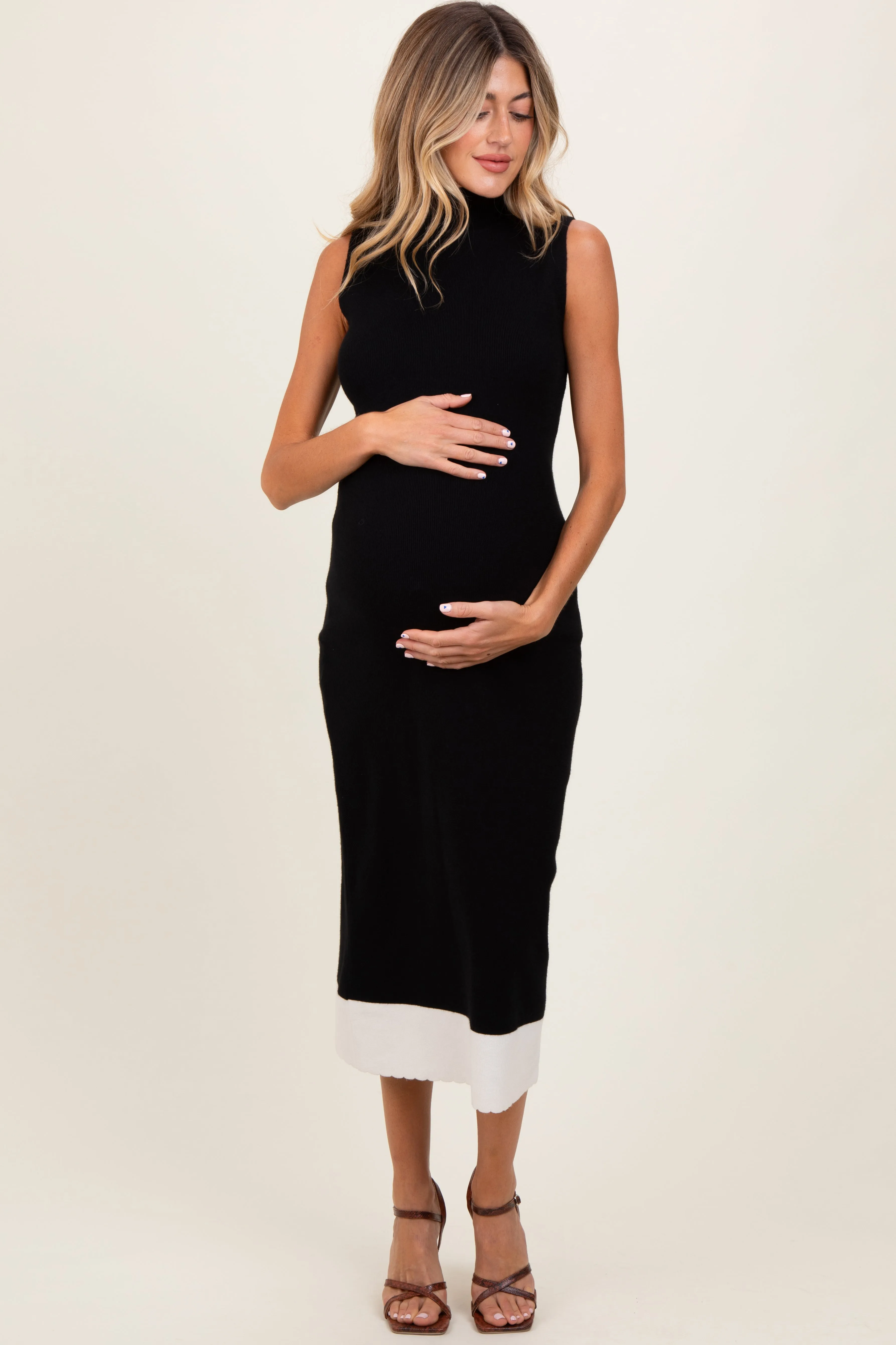 Black Knit Contrast Hem Mock Neck Sleeveless Maternity Midi Dress sold by Pinkblush product image thumbnail 2