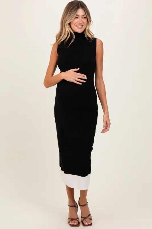 Black Knit Contrast Hem Mock Neck Sleeveless Maternity Midi Dress sold by Pinkblush