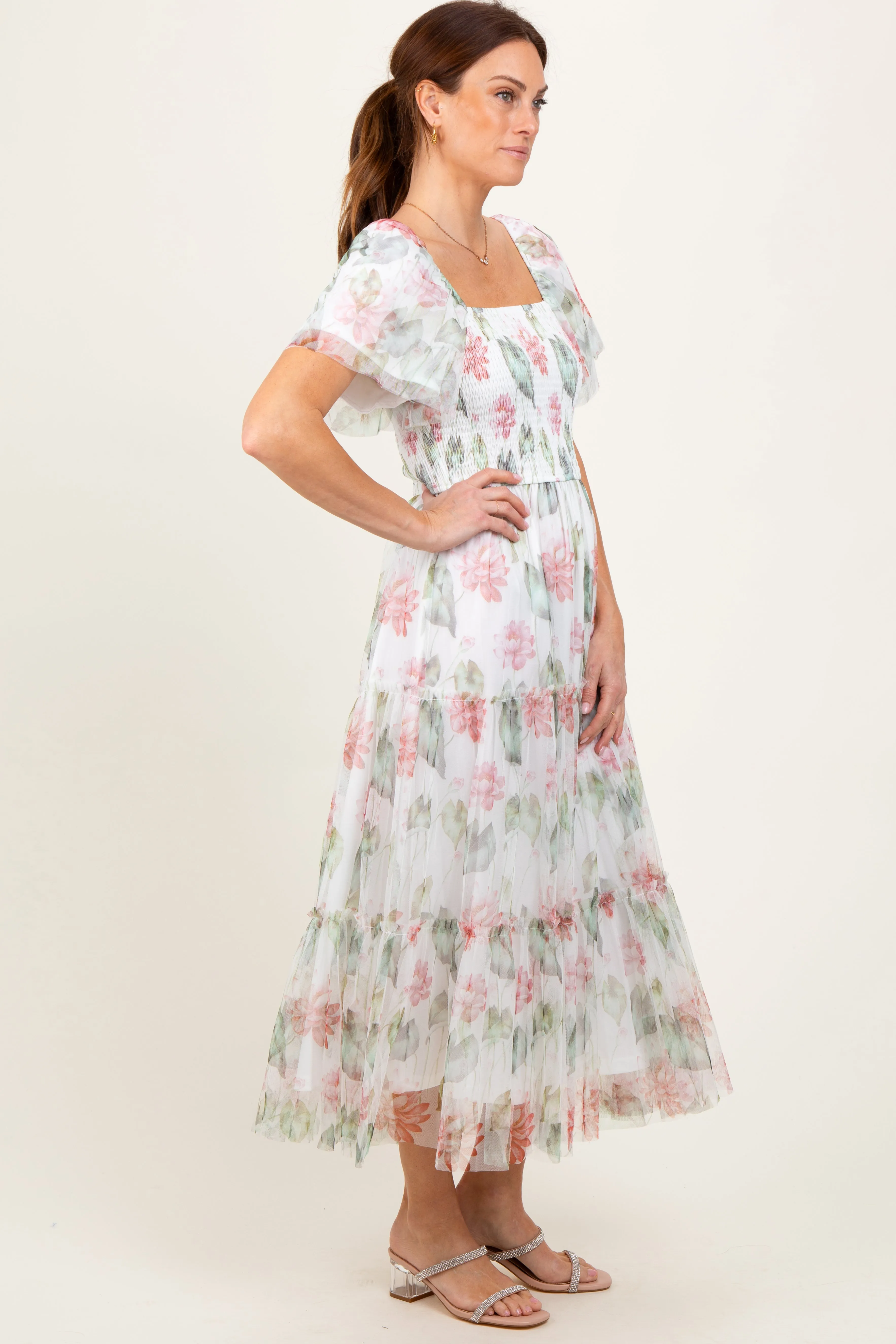 Ivory Floral Mesh Smocked Midi Dress sold by Pinkblush product image thumbnail 3
