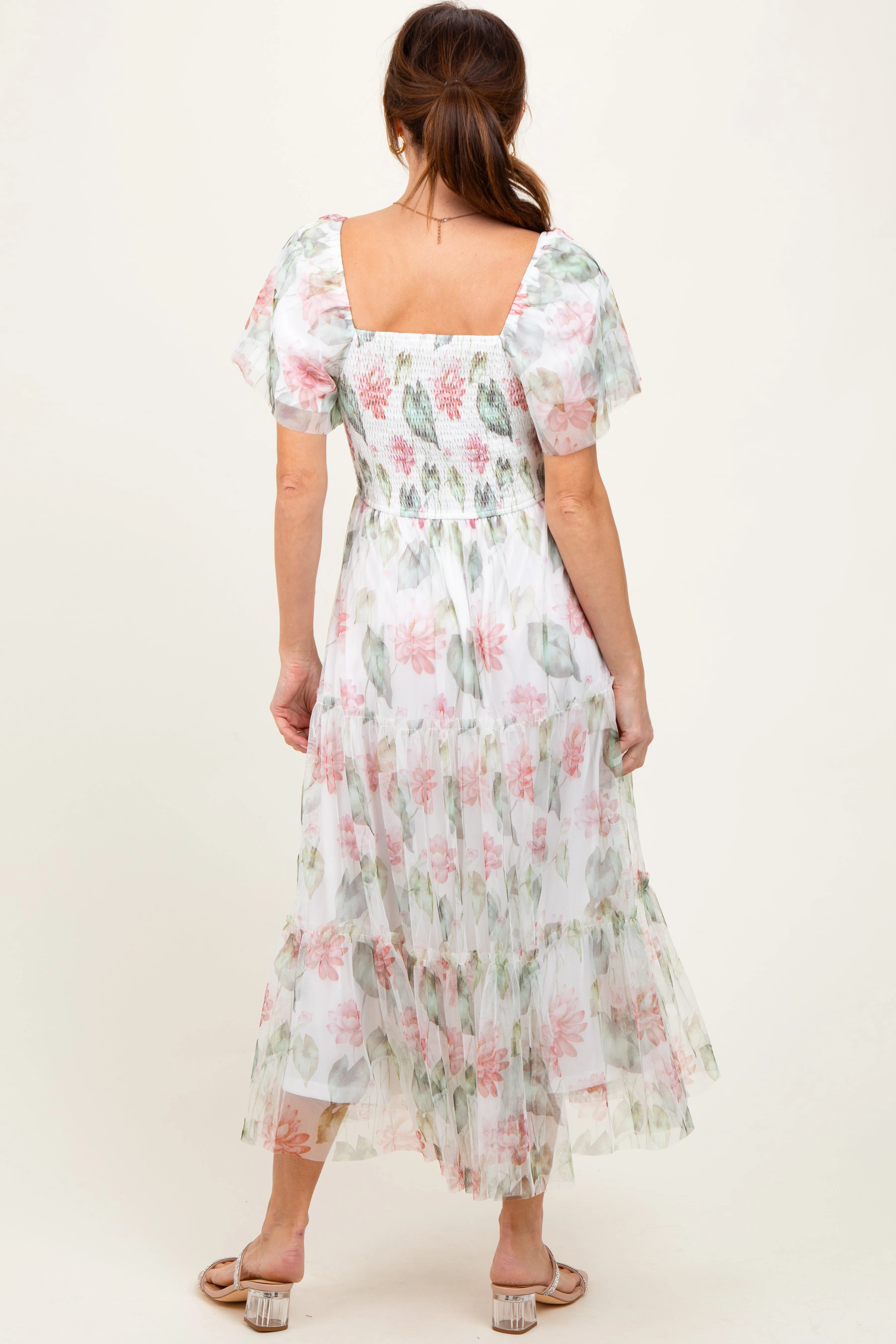 Ivory Floral Mesh Smocked Midi Dress sold by Pinkblush product image thumbnail 4