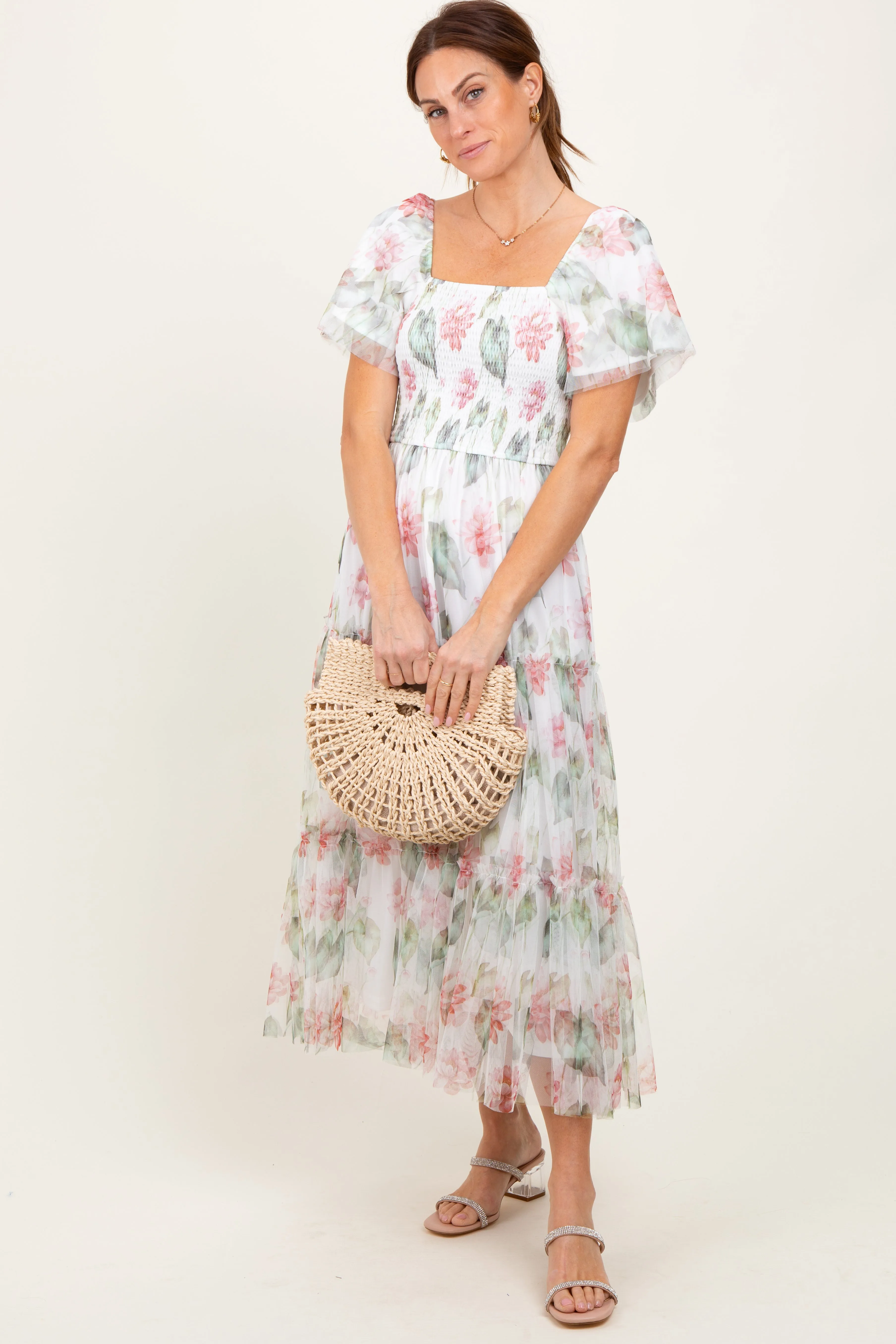 Ivory Floral Mesh Smocked Midi Dress sold by Pinkblush