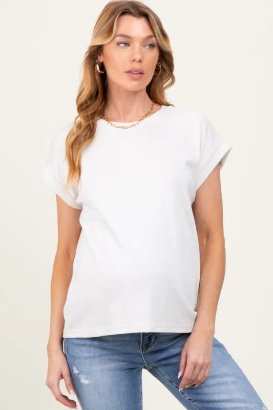 Cream Rolled Short Sleeve Maternity Tee sold by Pinkblush
