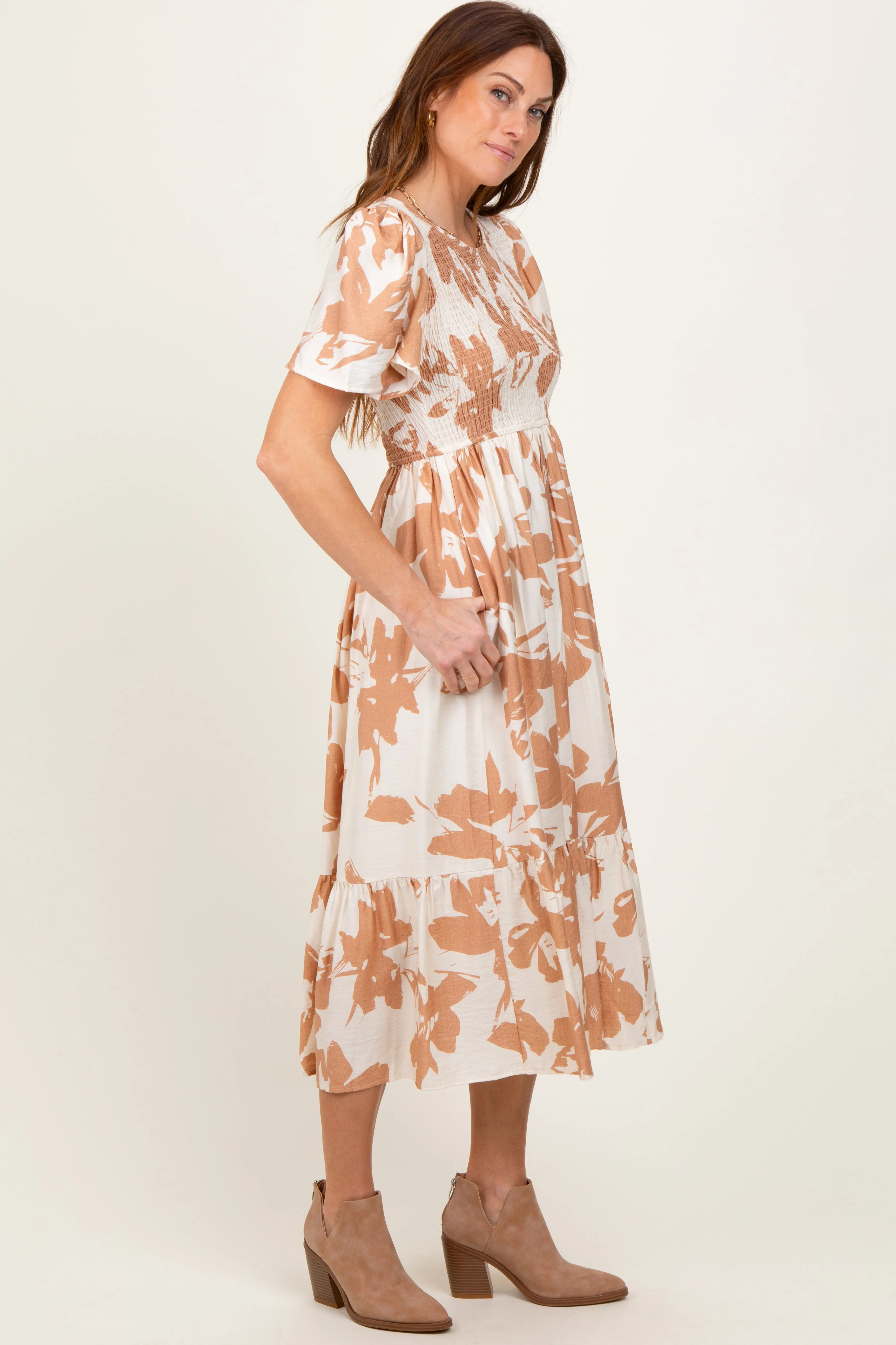 Cream Floral Smocked Short Sleeve Midi Dress sold by Pinkblush product image thumbnail 3