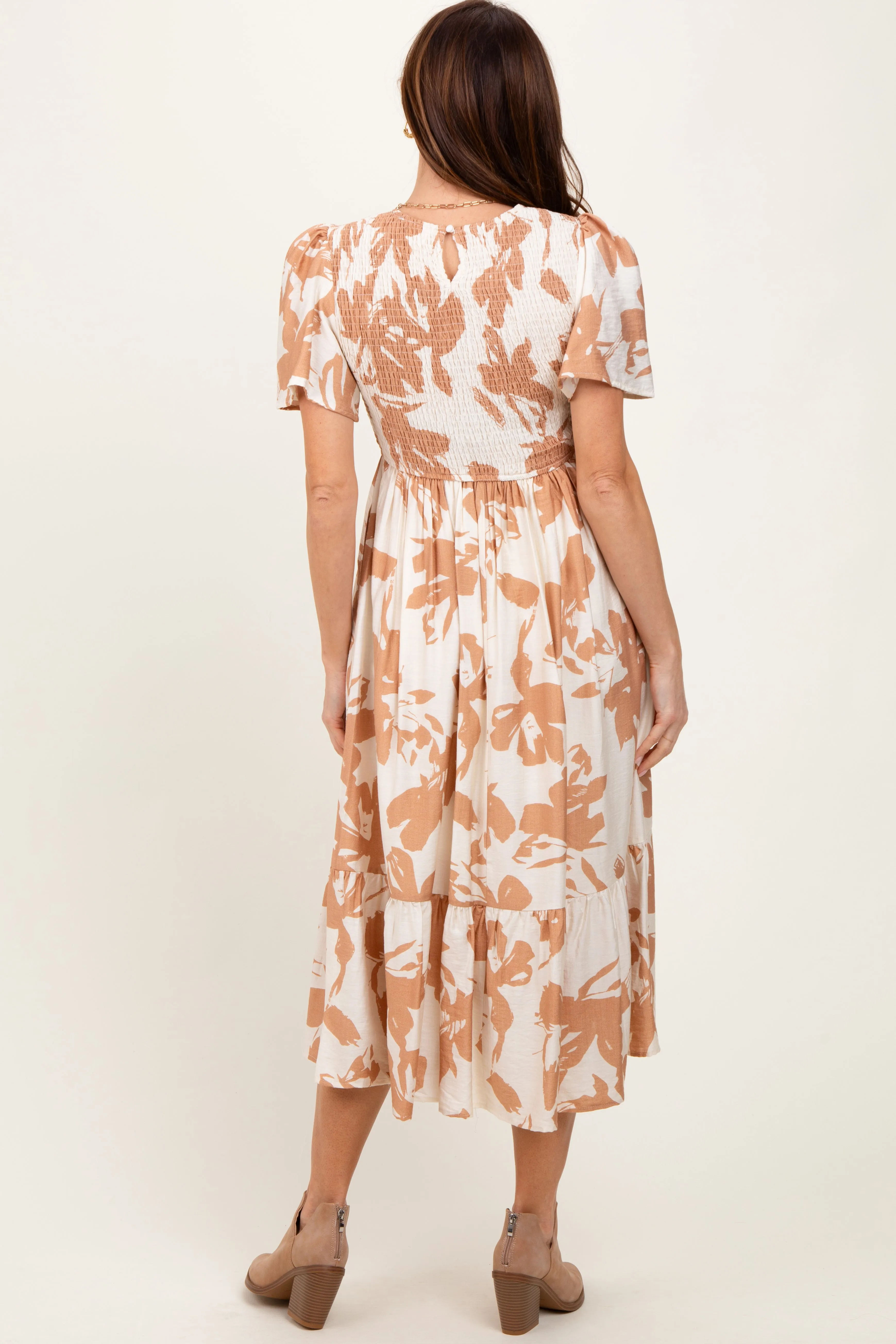 Cream Floral Smocked Short Sleeve Midi Dress sold by Pinkblush product image thumbnail 4