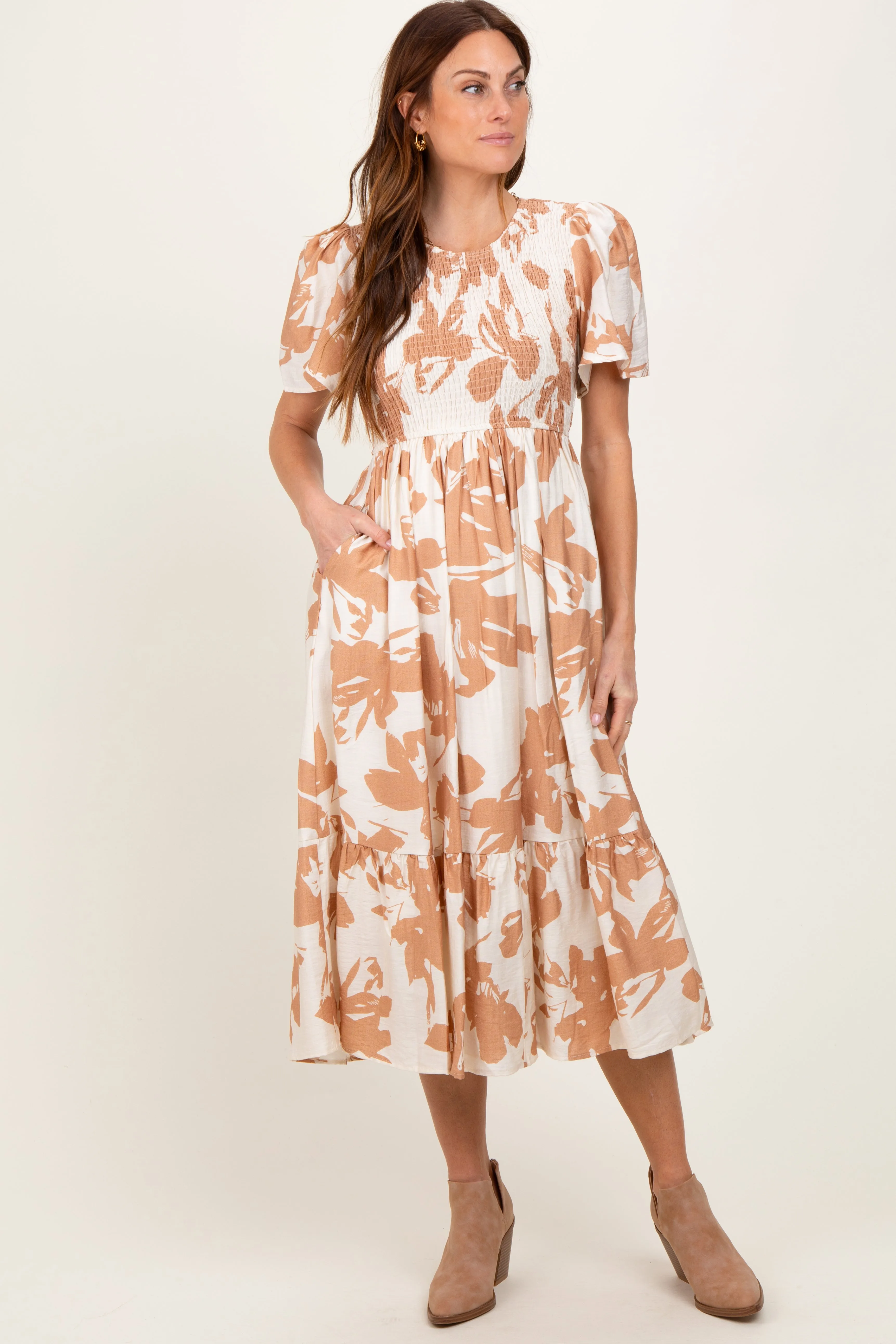 Cream Floral Smocked Short Sleeve Midi Dress sold by Pinkblush