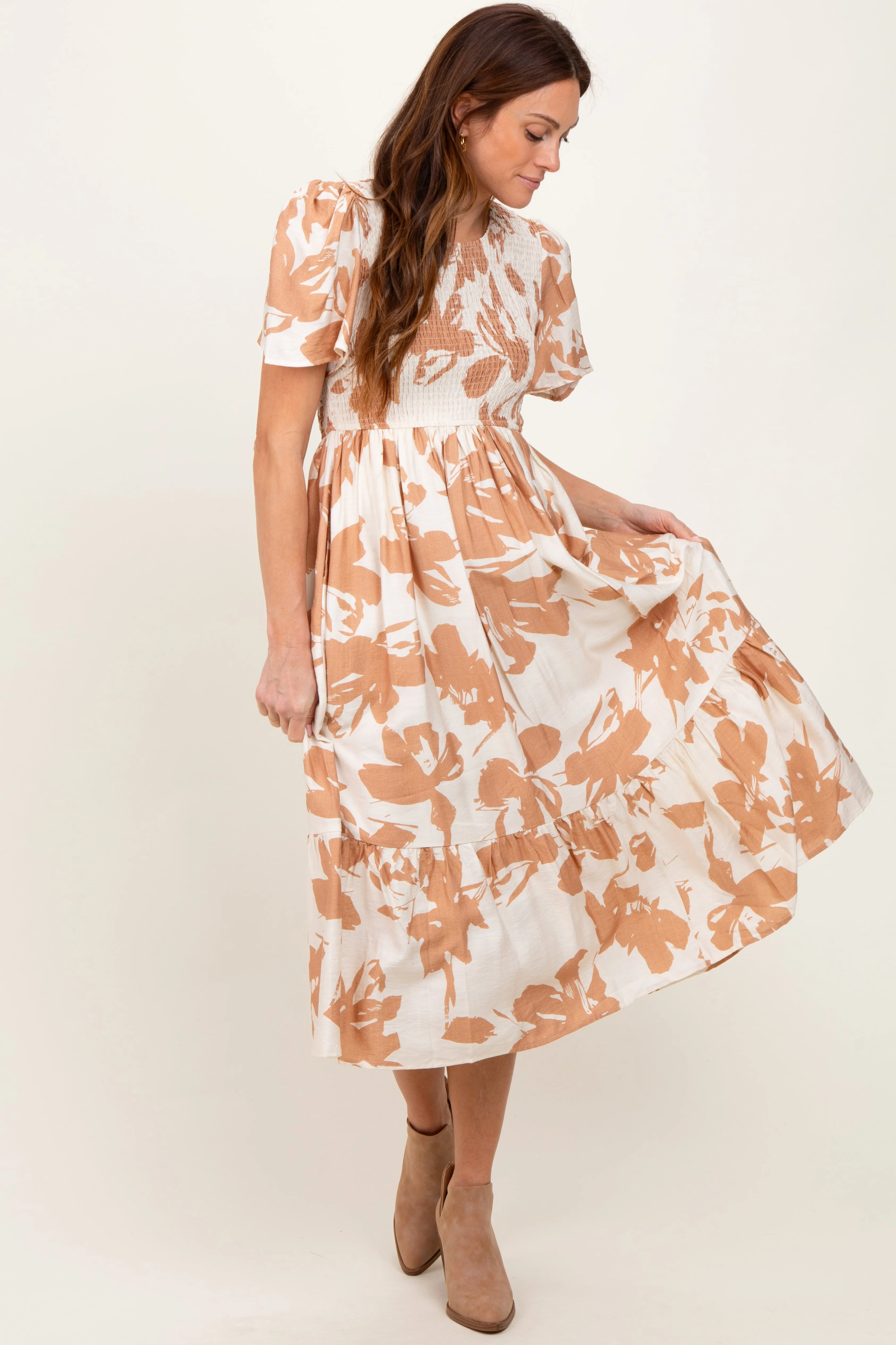 Cream Floral Smocked Short Sleeve Midi Dress sold by Pinkblush product image thumbnail 2