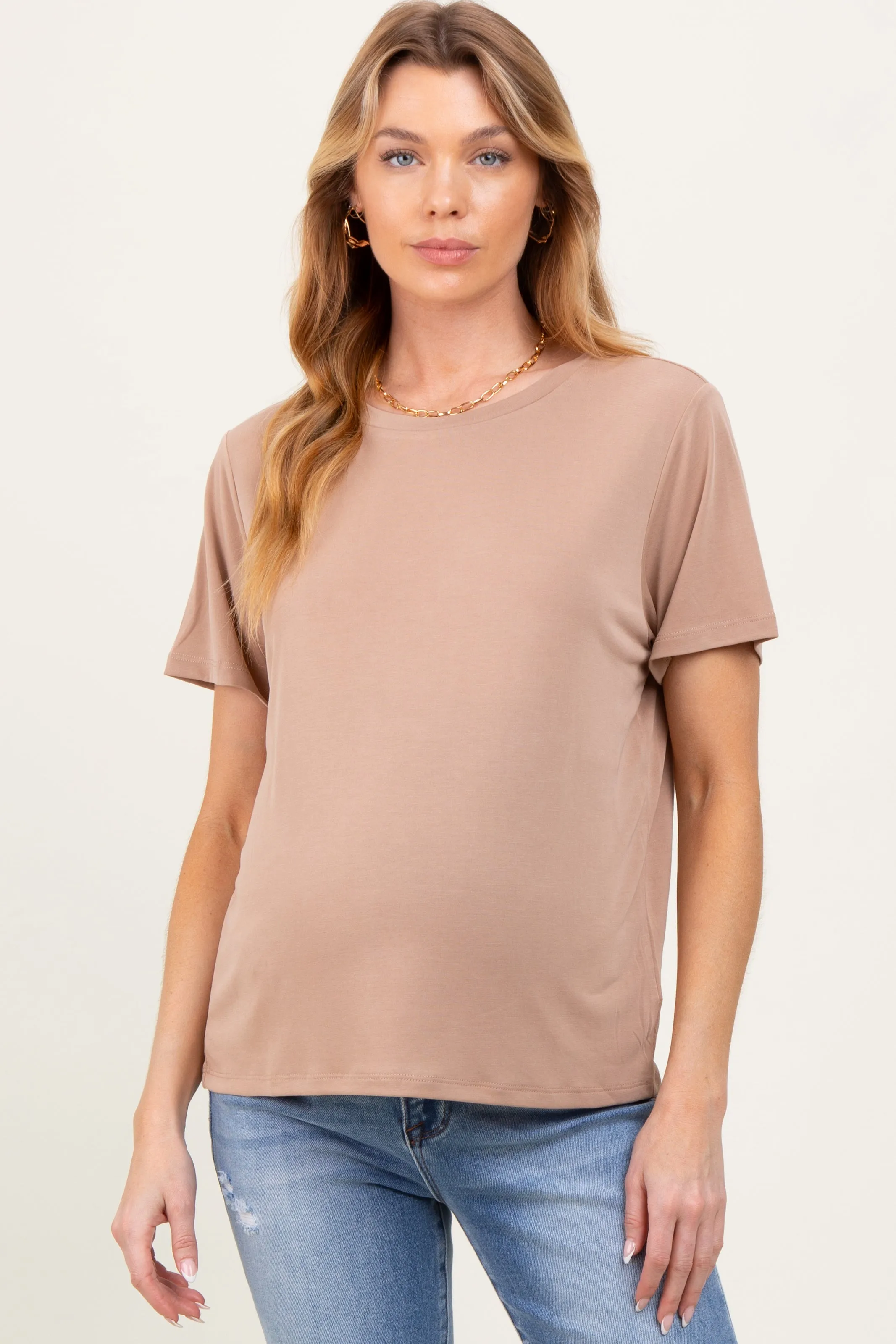 Taupe Basic Round Neck Short Sleeve Maternity T-Shirt sold by Pinkblush