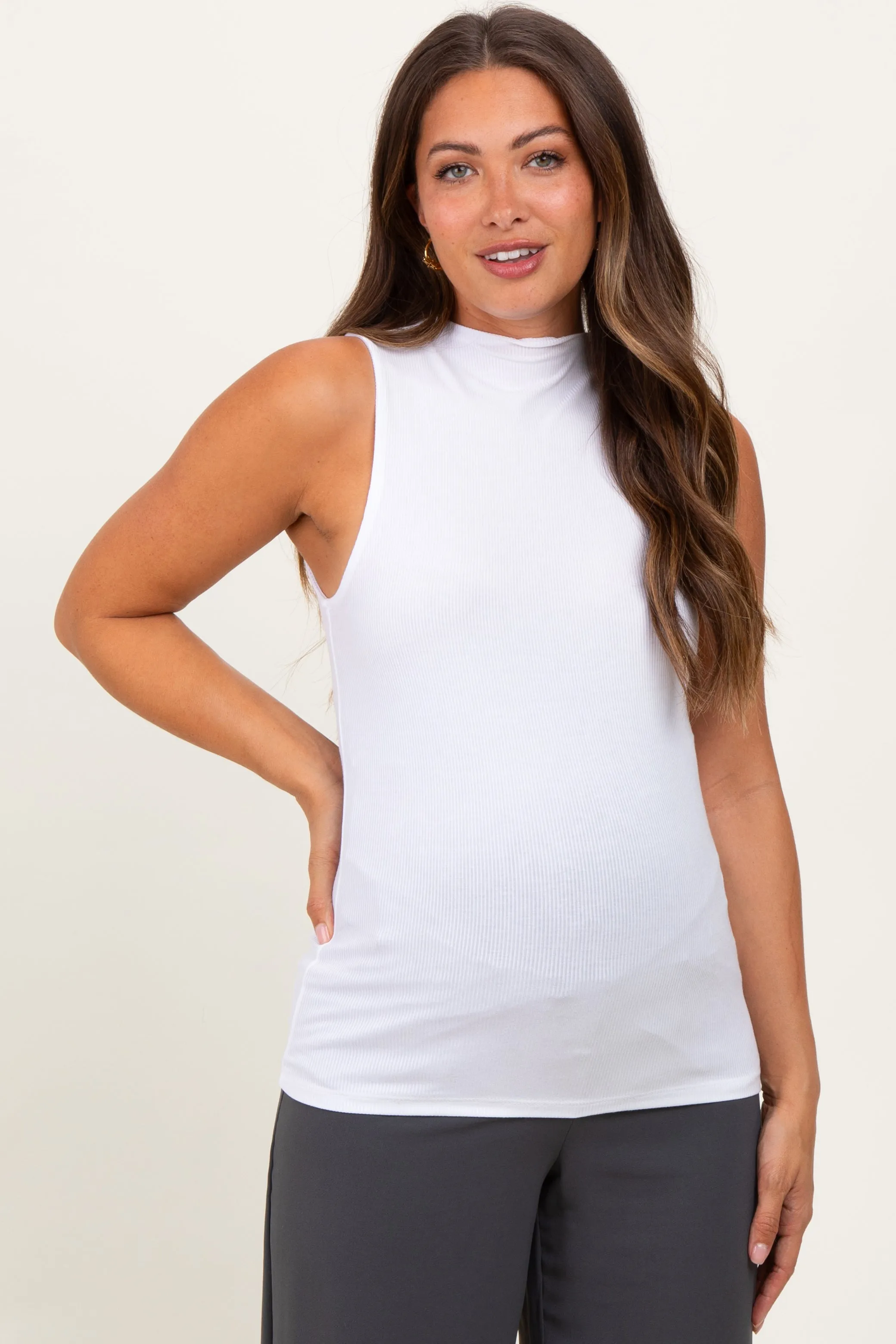White Ribbed Sleeveless Mock Neck Maternity Top sold by Pinkblush