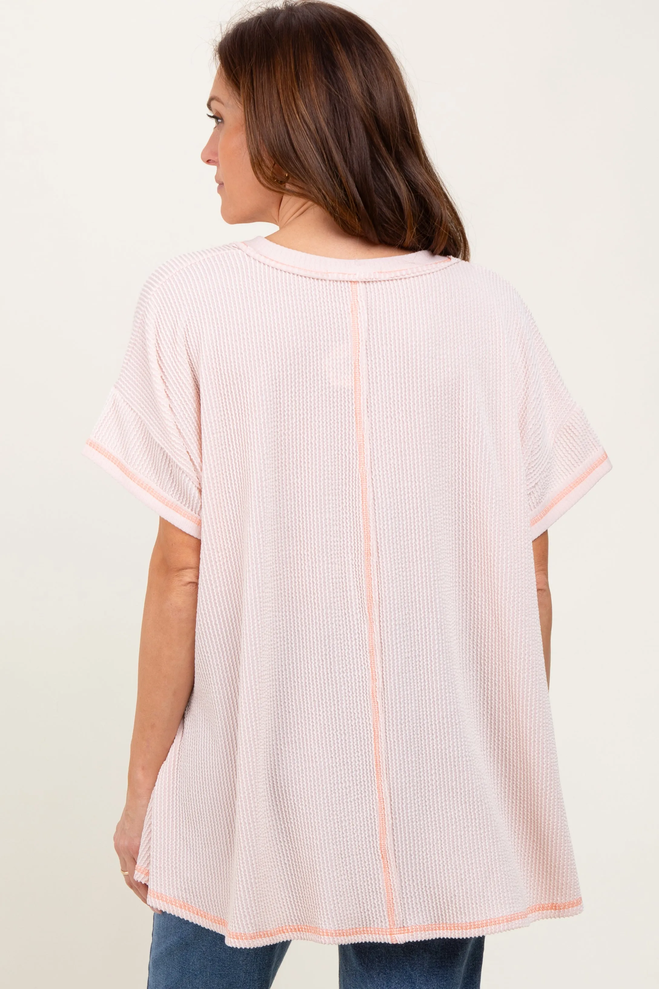 Peach Striped Ribbed V-Neck Oversized Short Sleeve Top sold by Pinkblush product image thumbnail 4