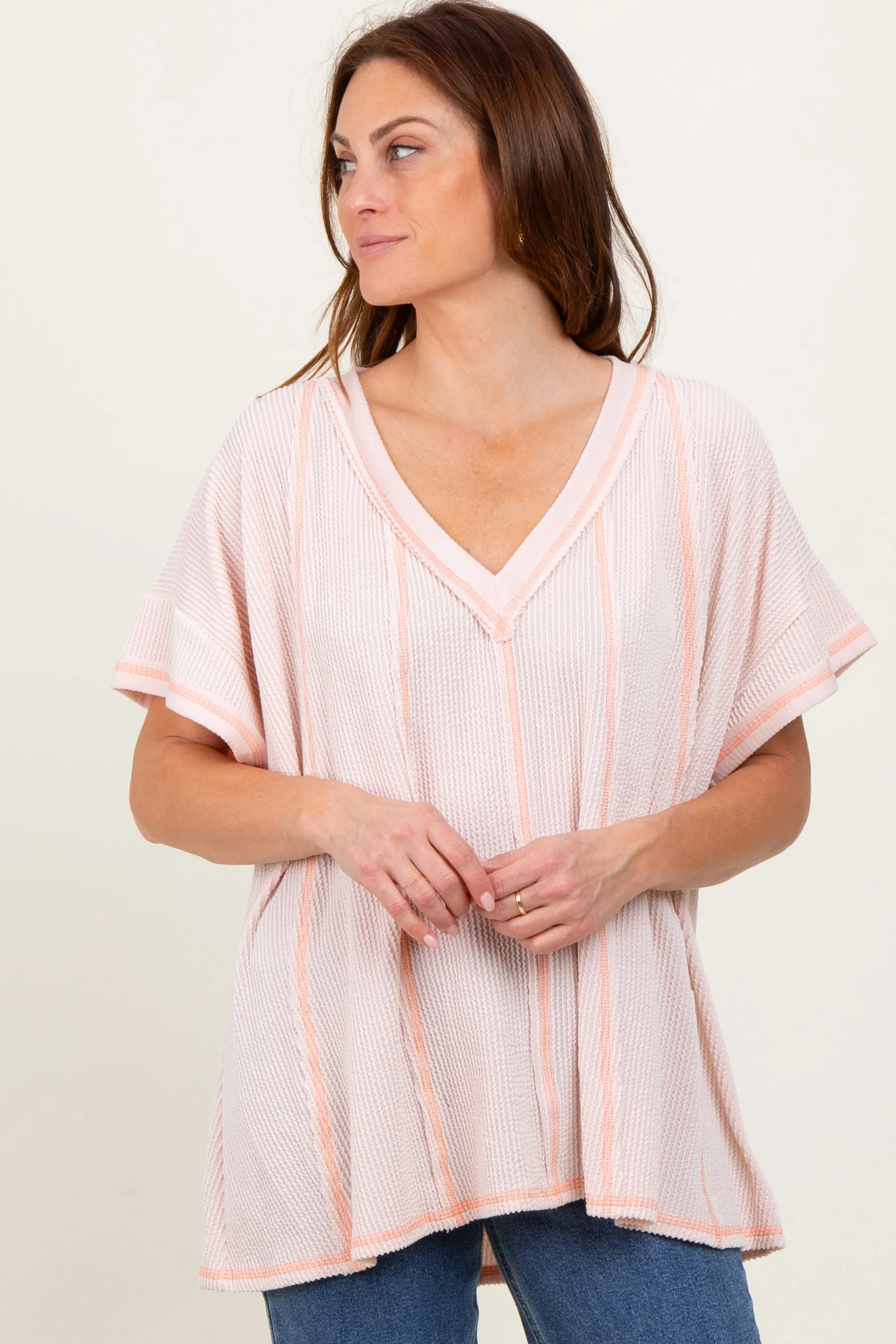 Peach Striped Ribbed V-Neck Oversized Short Sleeve Top sold by Pinkblush product image thumbnail 2