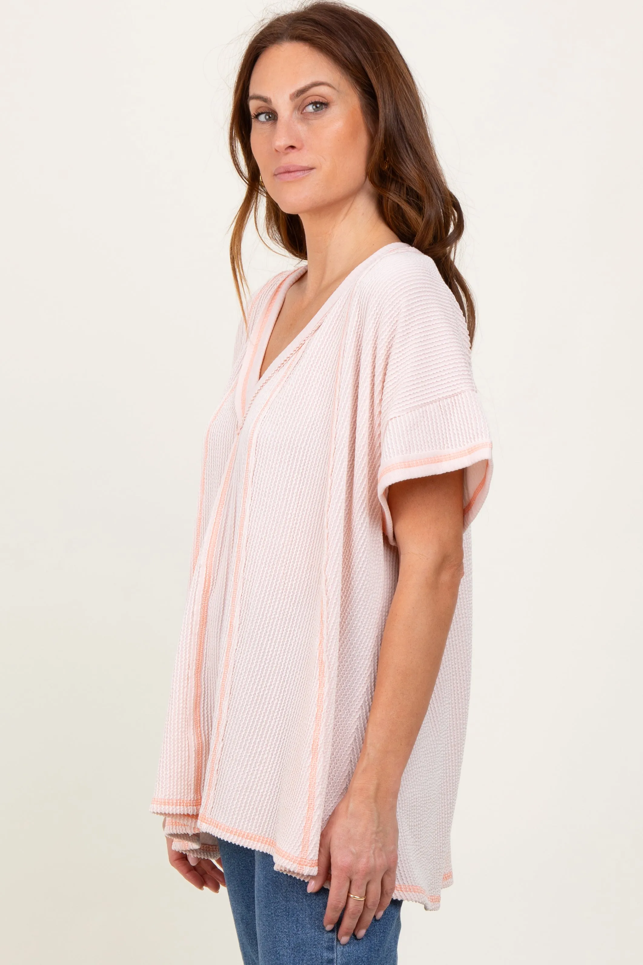 Peach Striped Ribbed V-Neck Oversized Short Sleeve Top sold by Pinkblush product image thumbnail 3