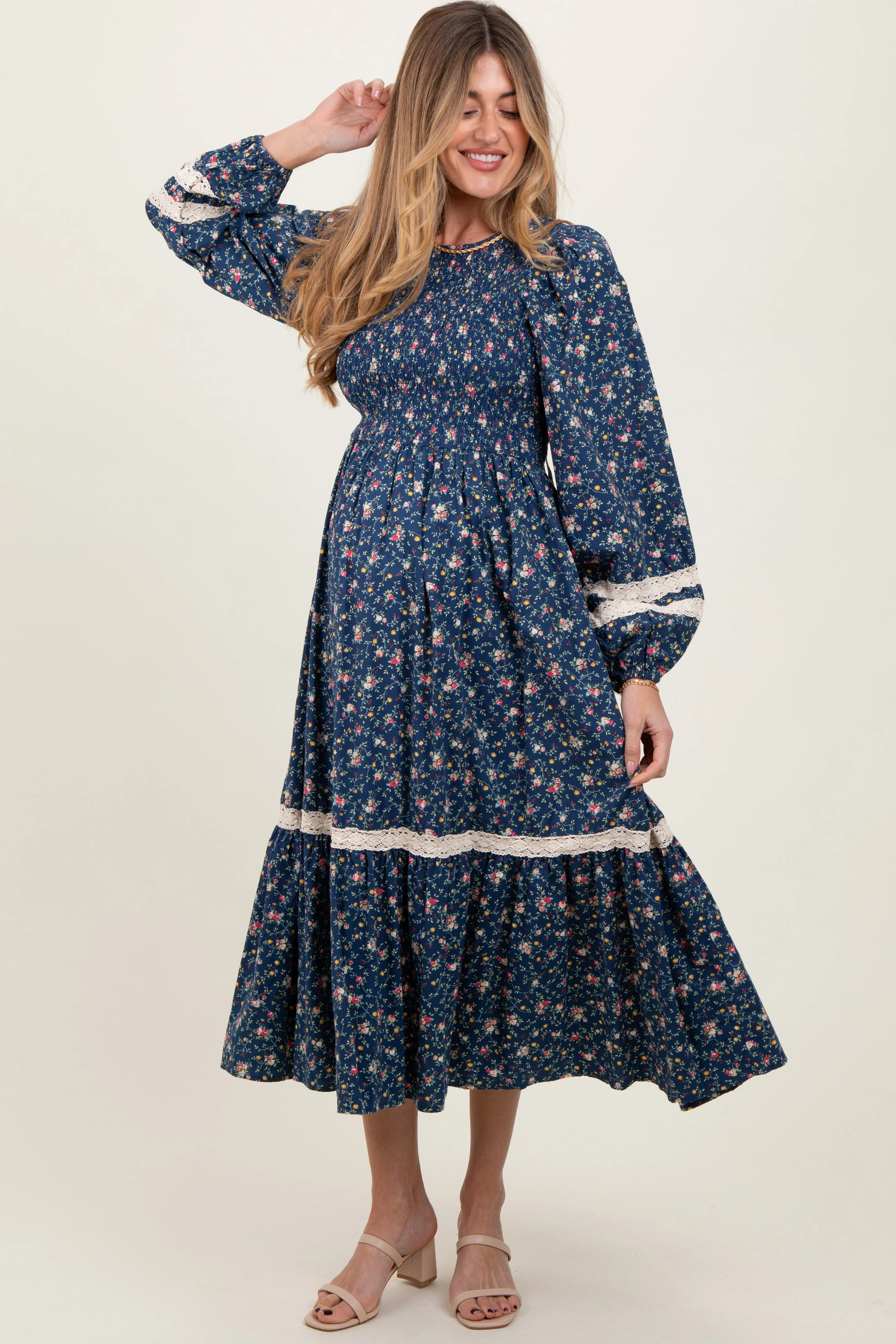 Blue Smocked Floral Crochet Lace Trim Maternity Maxi Dress sold by Pinkblush product image thumbnail 2