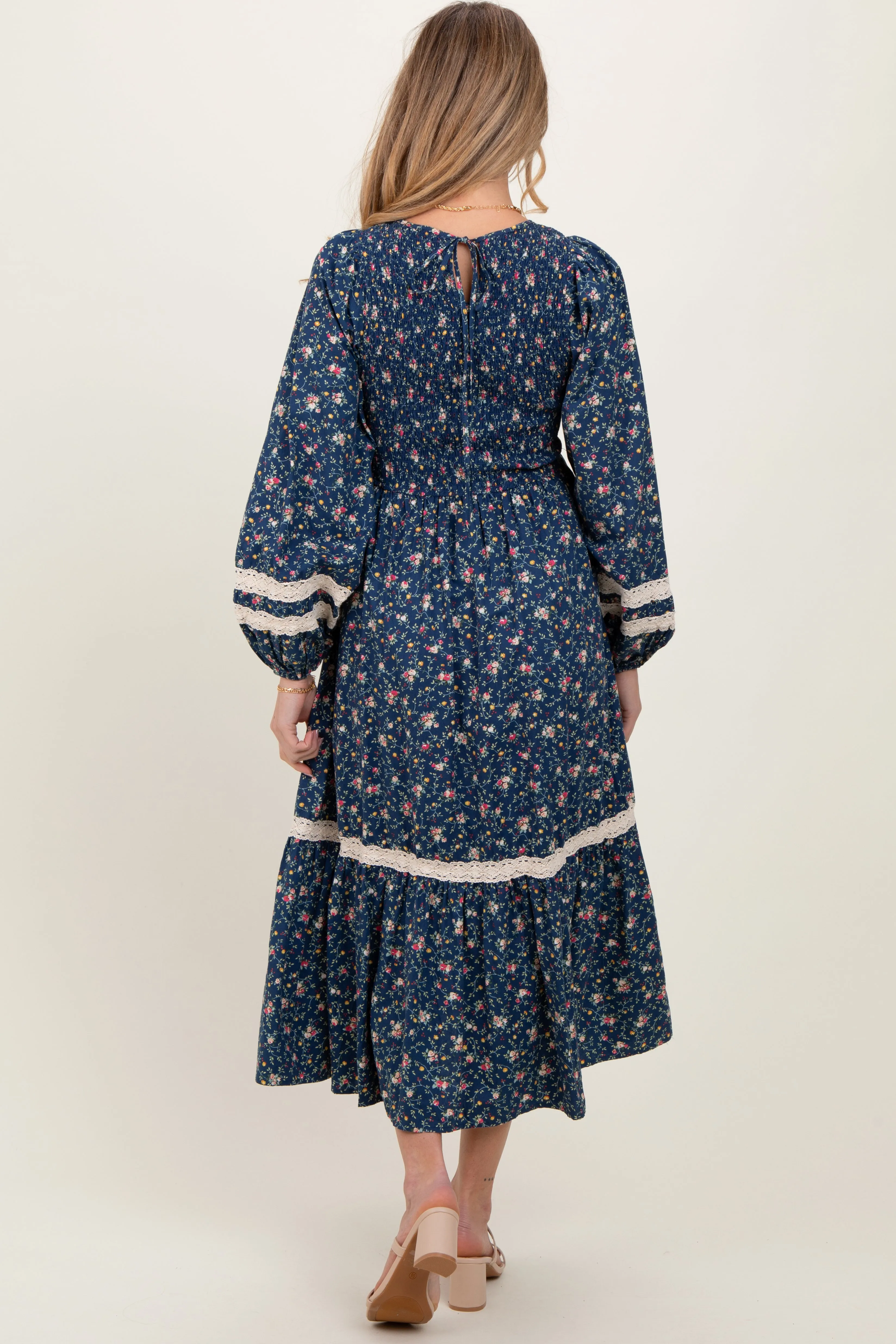 Blue Smocked Floral Crochet Lace Trim Maternity Maxi Dress sold by Pinkblush product image thumbnail 3