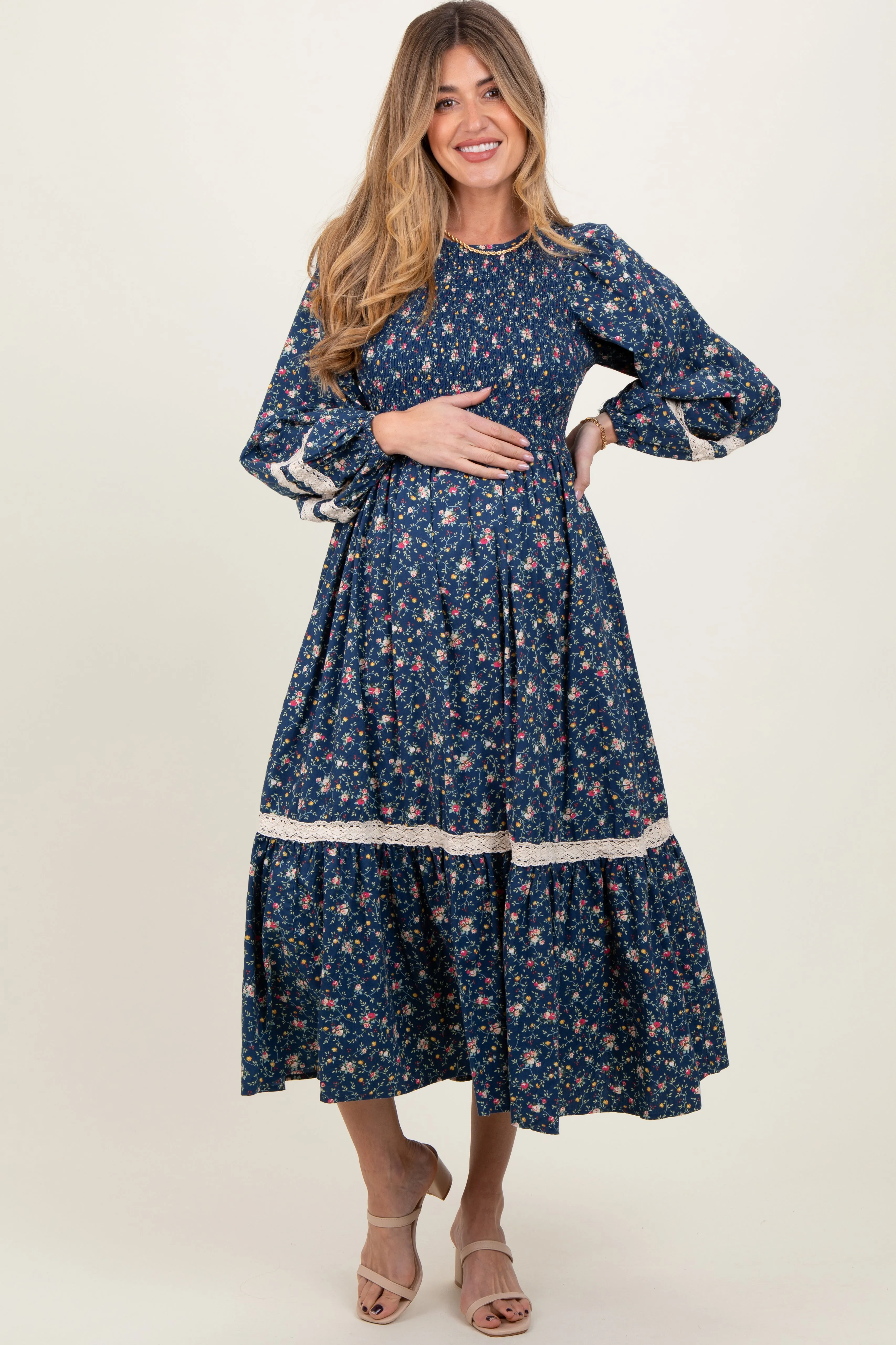 Blue Smocked Floral Crochet Lace Trim Maternity Maxi Dress sold by Pinkblush