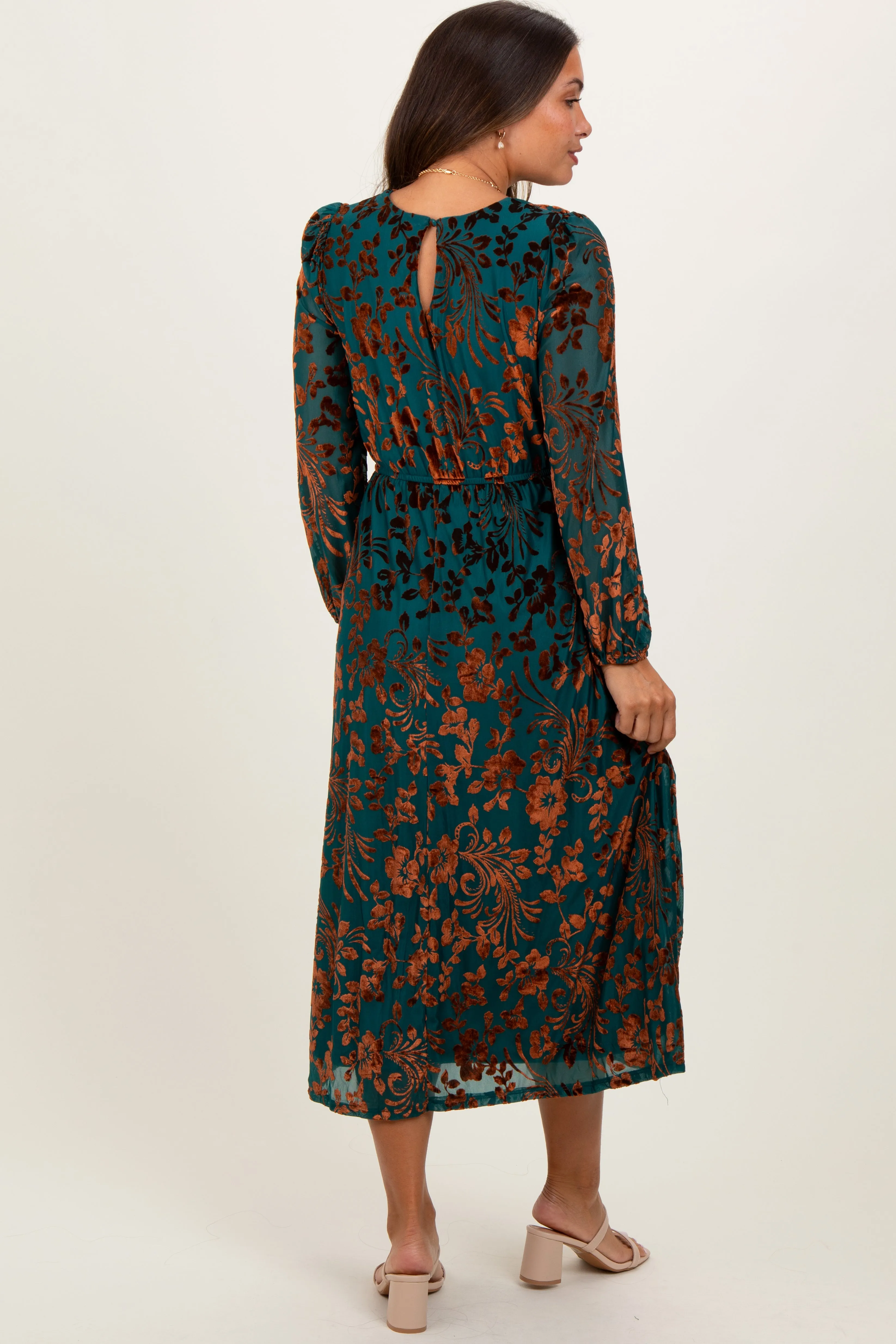 Teal Velvet Floral Overlay Maternity Midi Dress sold by Pinkblush product image thumbnail 4