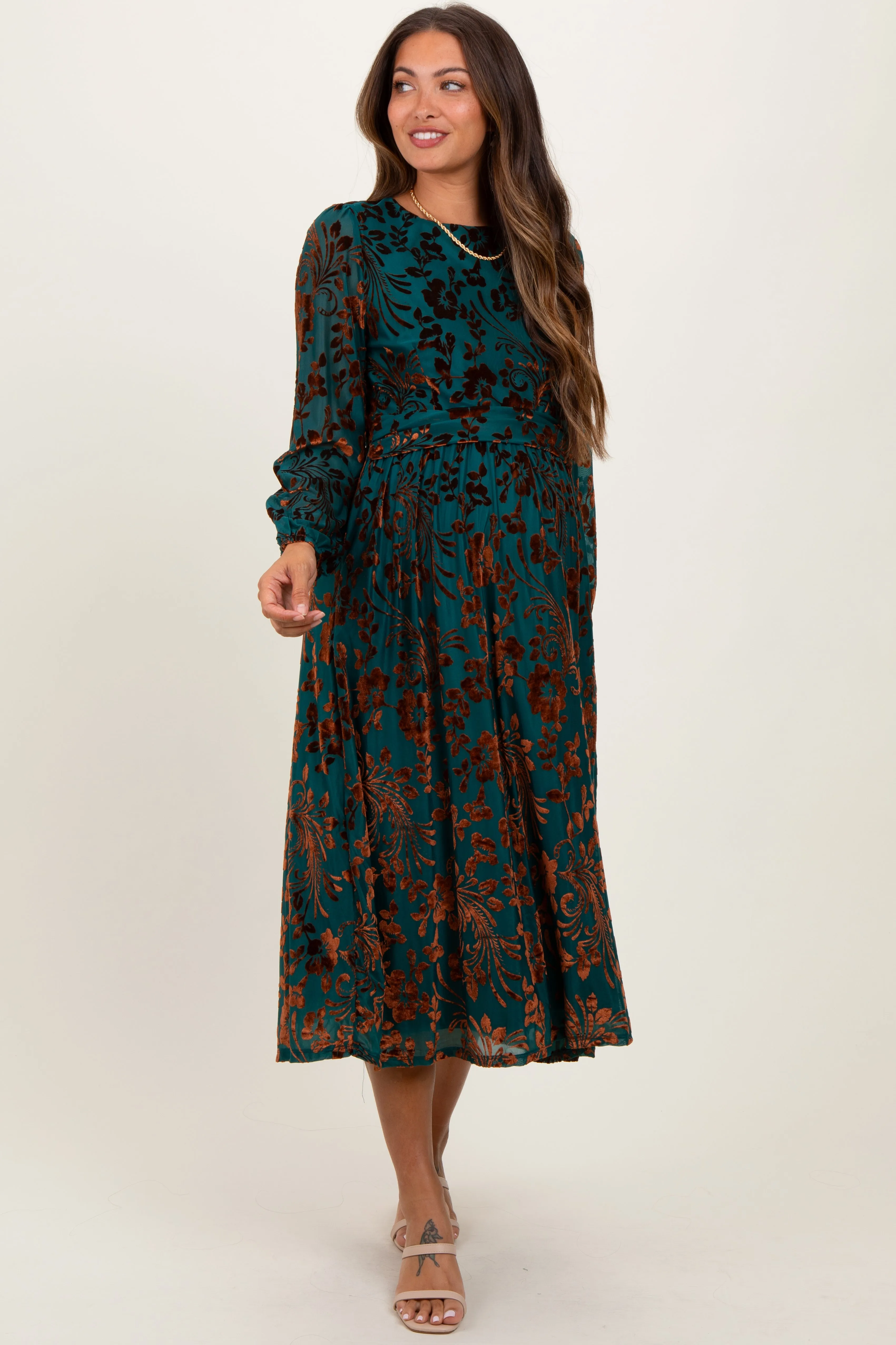 Teal Velvet Floral Overlay Maternity Midi Dress sold by Pinkblush