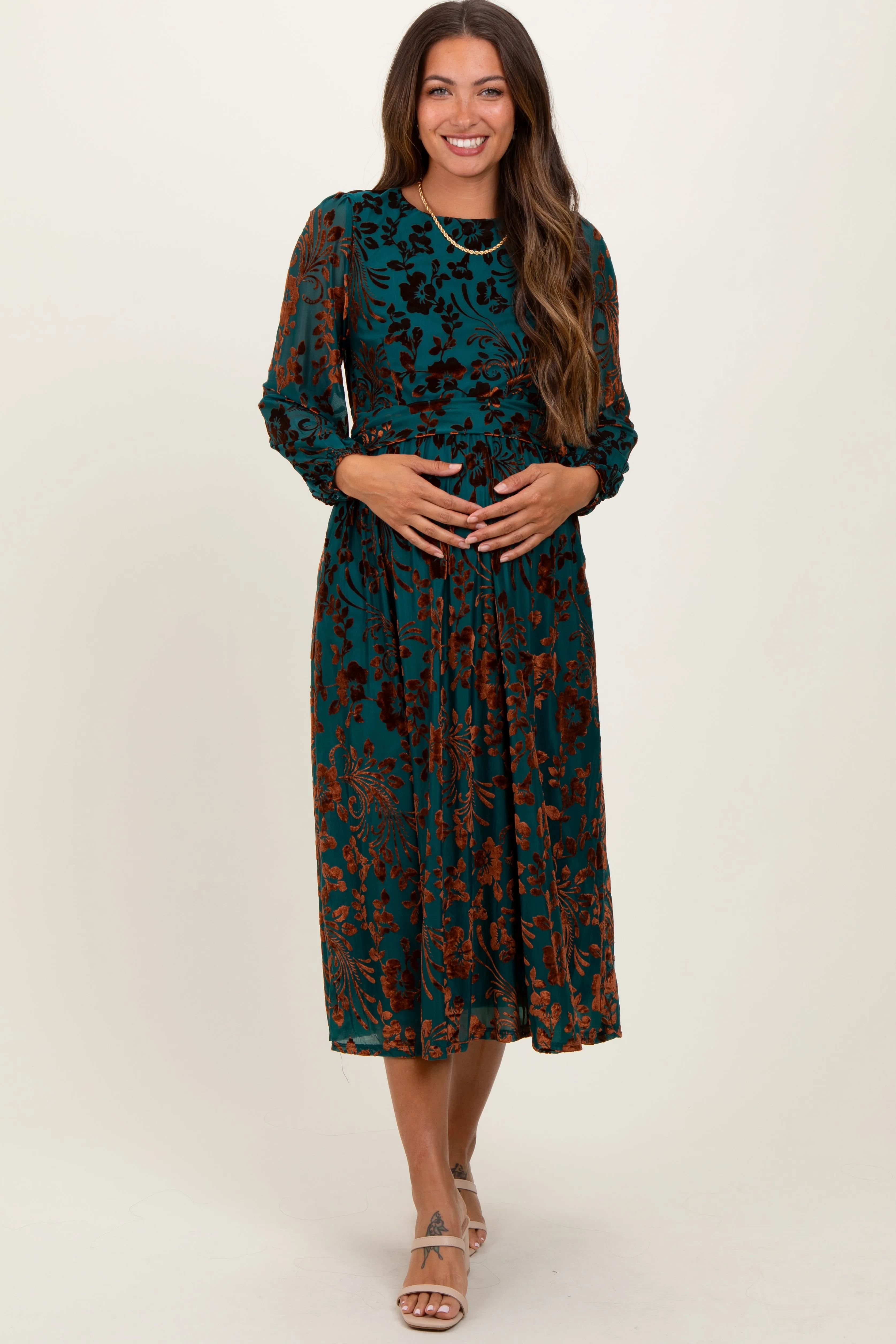 Teal Velvet Floral Overlay Maternity Midi Dress sold by Pinkblush product image thumbnail 2