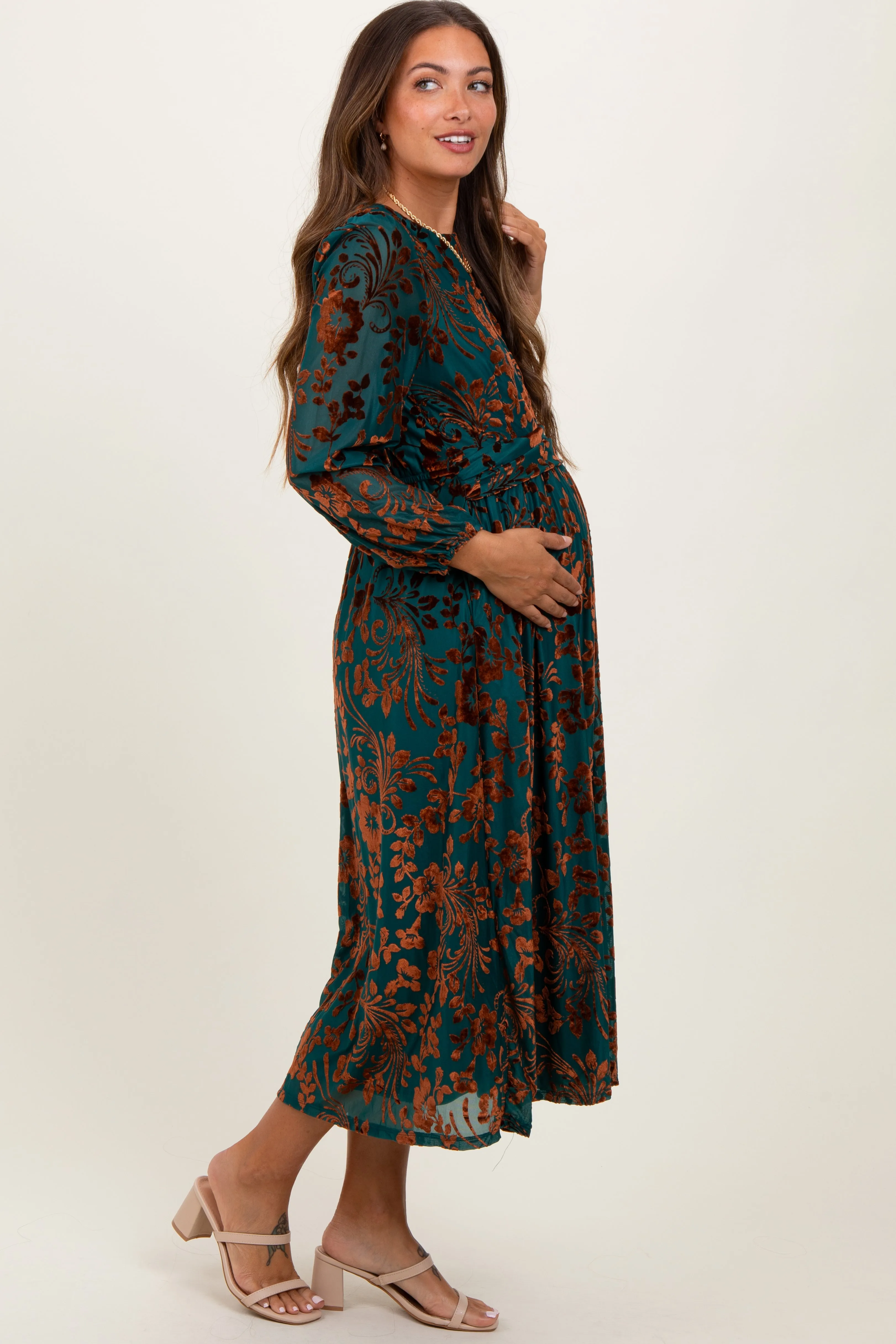 Teal Velvet Floral Overlay Maternity Midi Dress sold by Pinkblush product image thumbnail 3