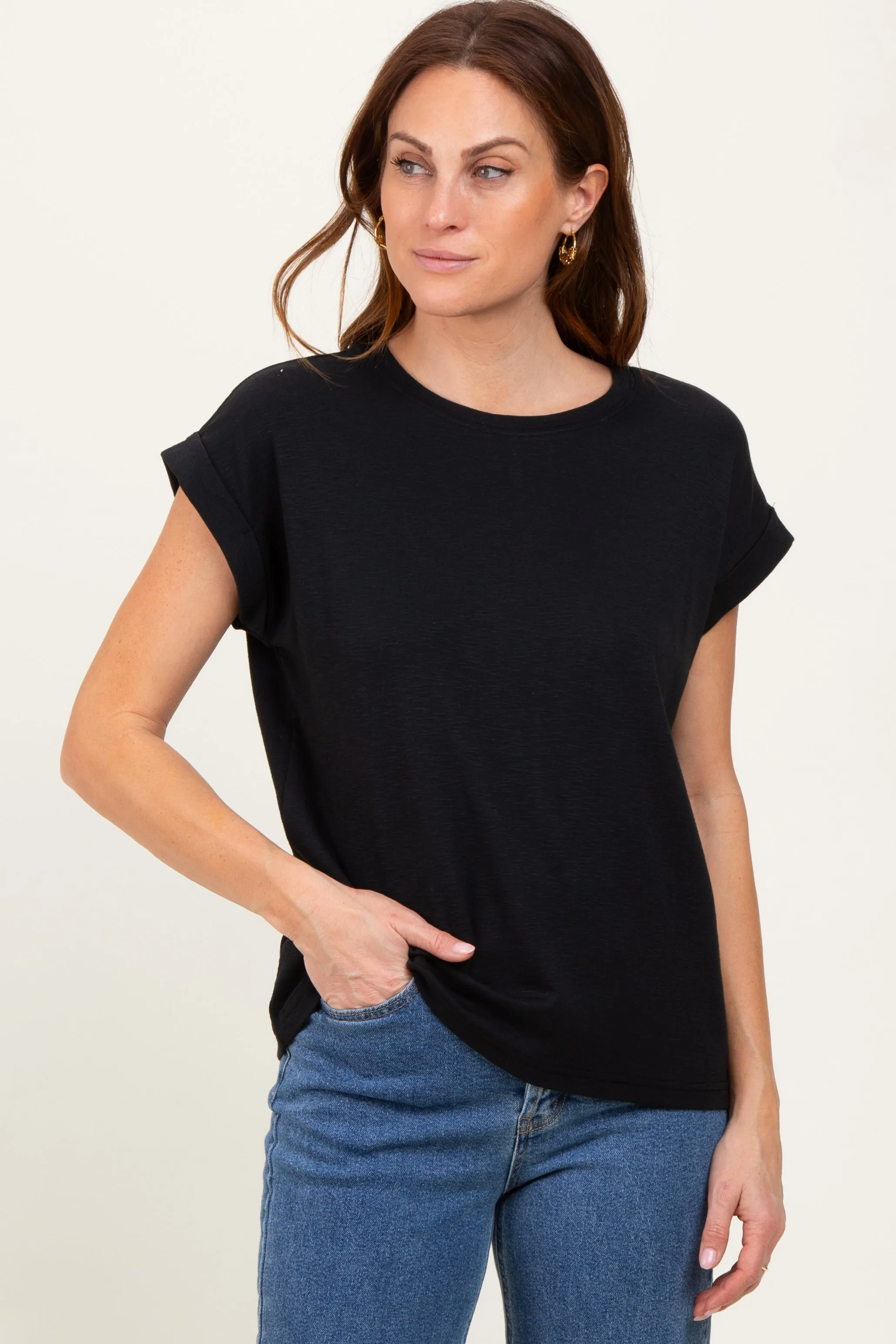 Black Rolled Short Sleeve Maternity Tee sold by Pinkblush product image thumbnail 4