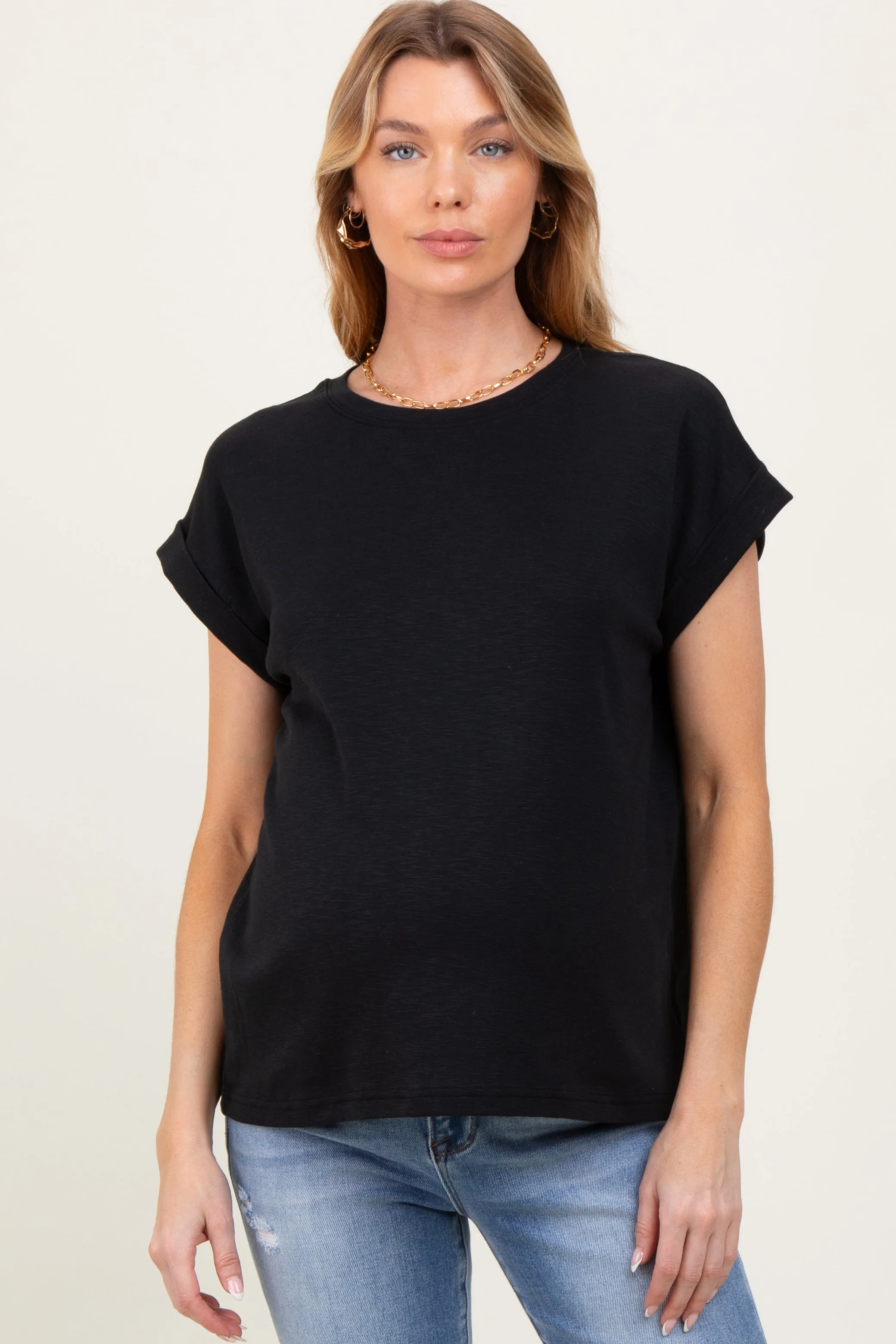 Black Rolled Short Sleeve Maternity Tee sold by Pinkblush