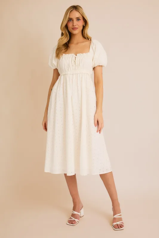 White Eyelet Lace Puff Sleeve Midi Dress sold by Pinkblush