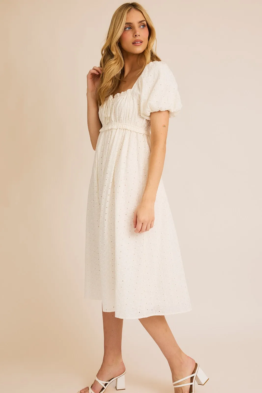 White Eyelet Lace Puff Sleeve Midi Dress sold by Pinkblush product image thumbnail 2