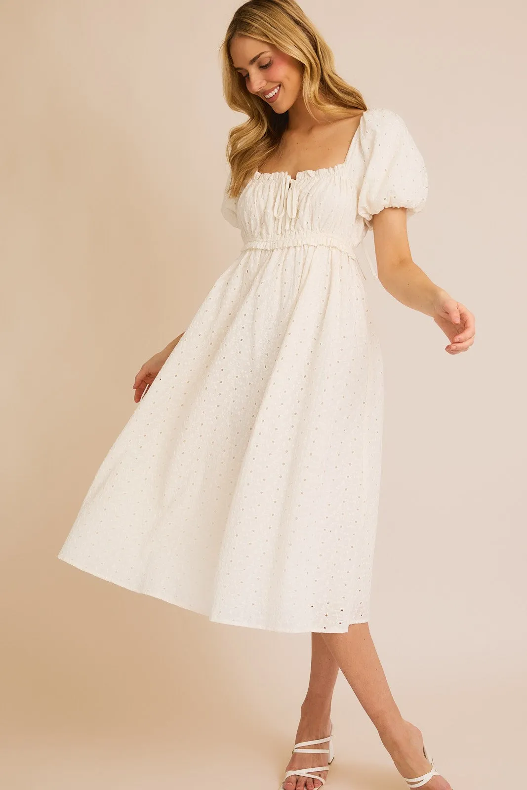 White Eyelet Lace Puff Sleeve Midi Dress sold by Pinkblush product image thumbnail 3