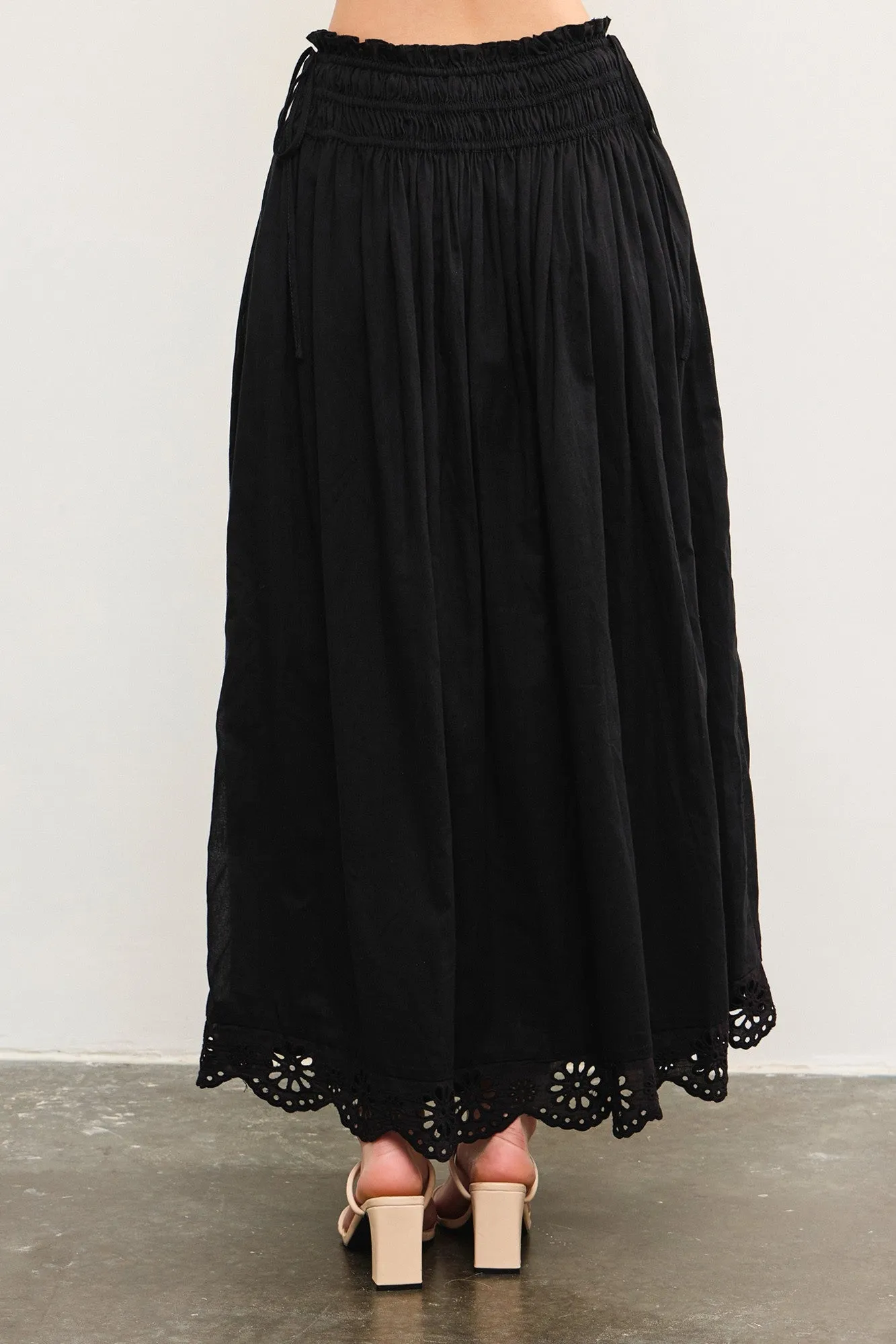 Black Smocked Waist Eyelet Lace Hem Maxi Skirt sold by Pinkblush product image thumbnail 4