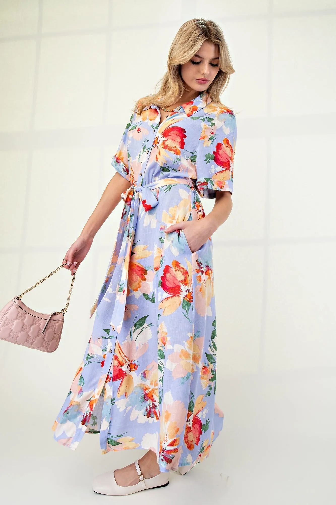 Periwinkle Floral Linen Blend Shirt Dress sold by Pinkblush product image thumbnail 2