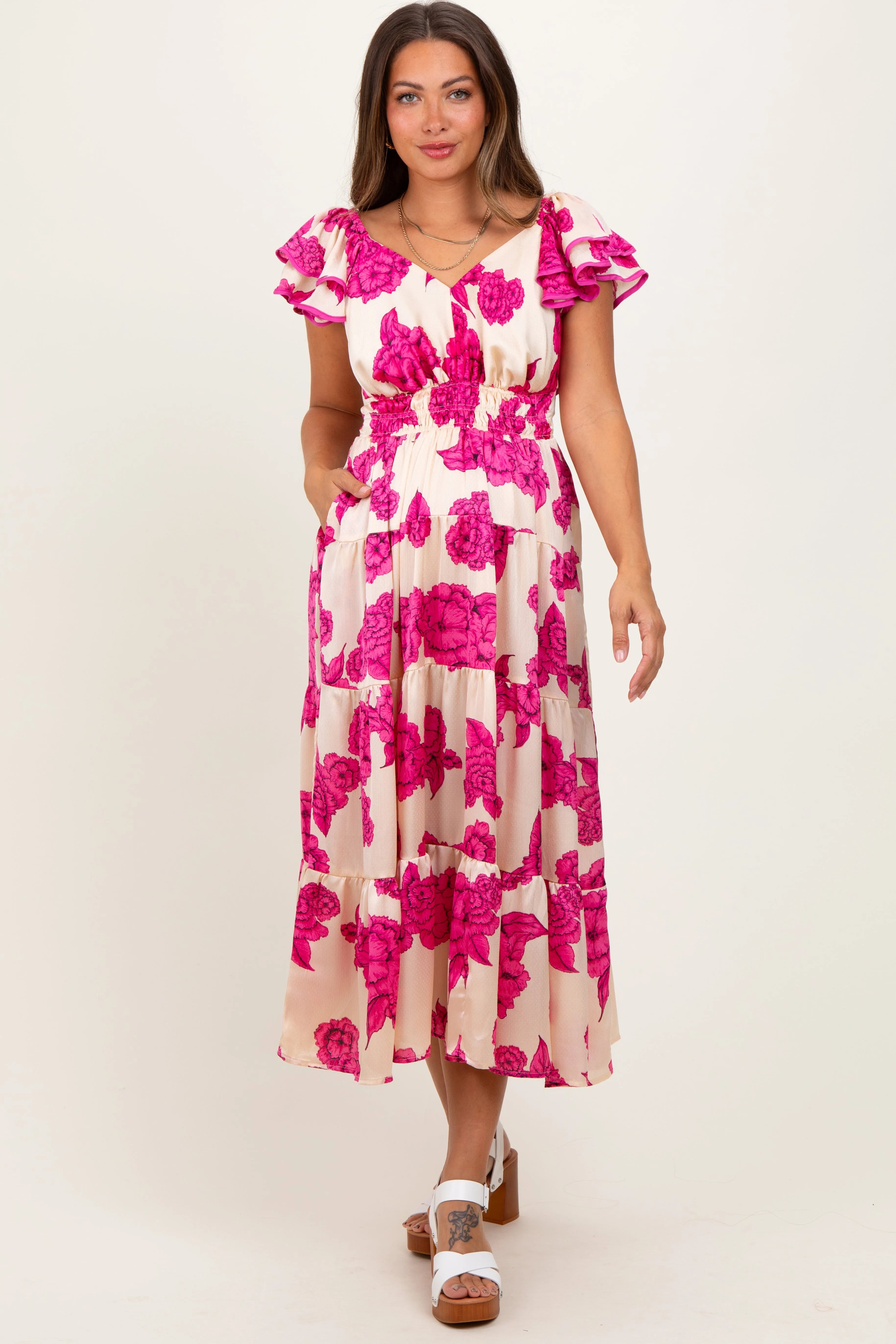 Cream Floral Smocked Waist Tiered Maternity Midi Dress sold by Pinkblush product image thumbnail 2