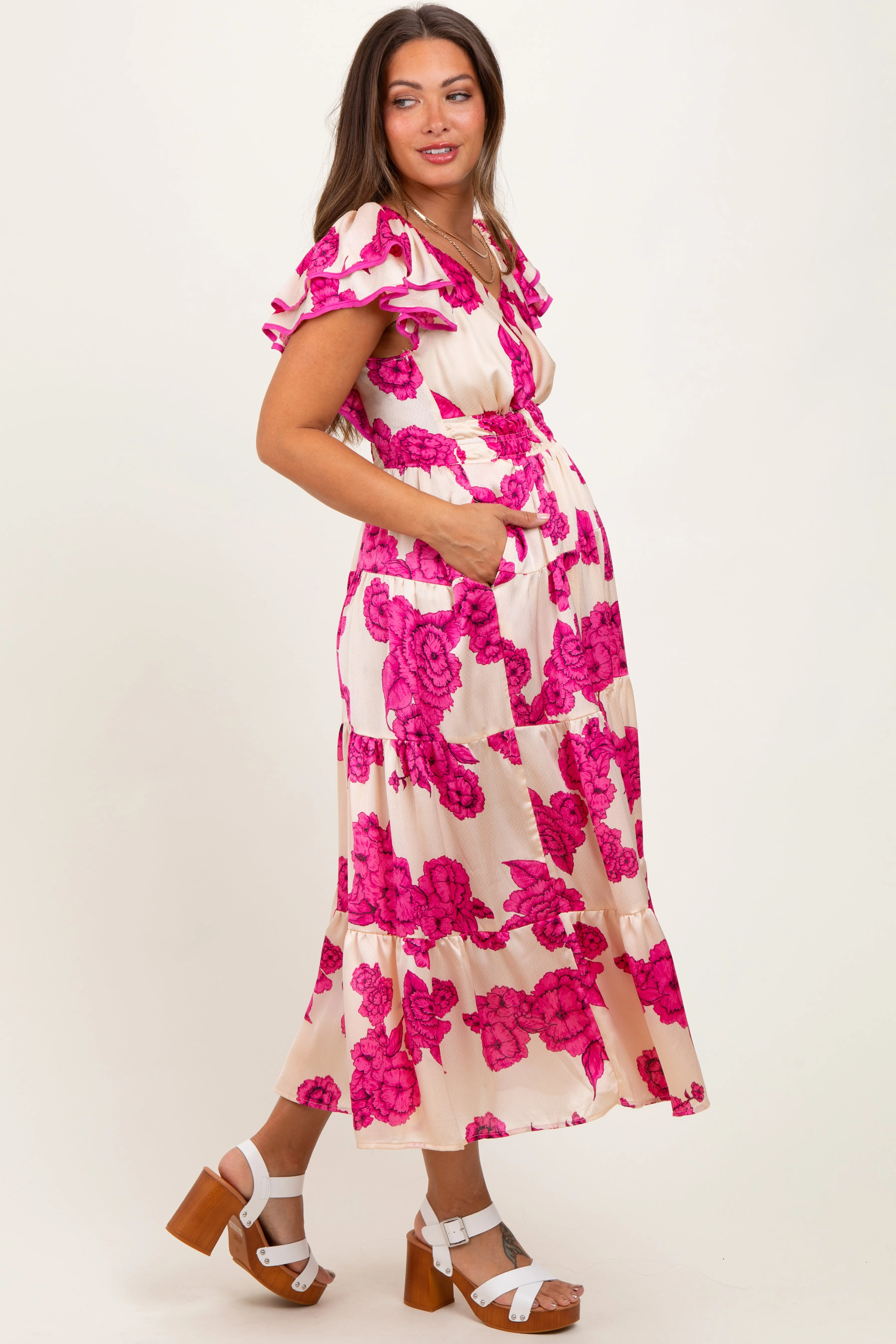 Cream Floral Smocked Waist Tiered Maternity Midi Dress sold by Pinkblush product image thumbnail 3